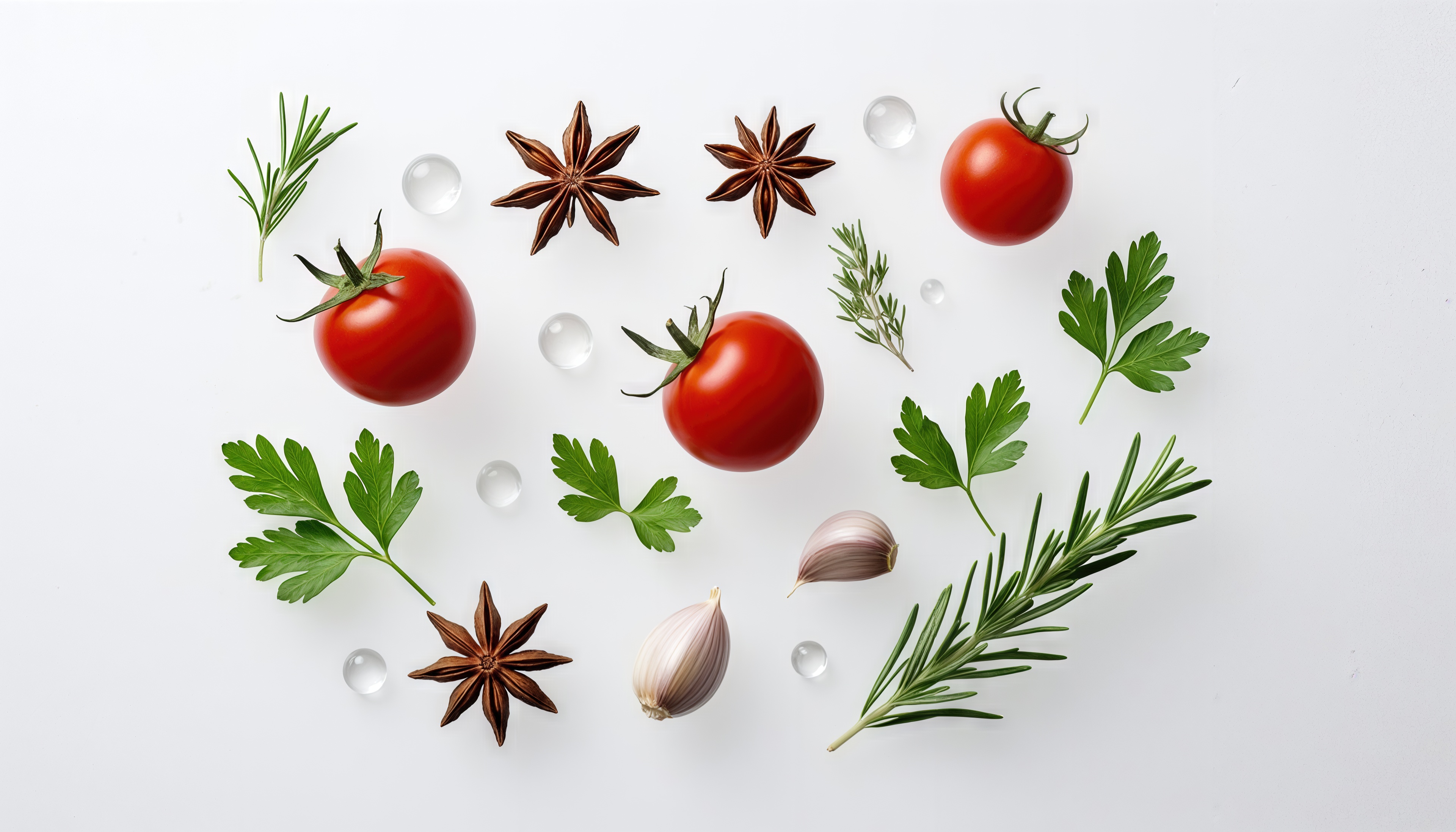 Свежие помидоры, розмарин, петрушка, чеснок и звёздчатый анис на белом фоне.