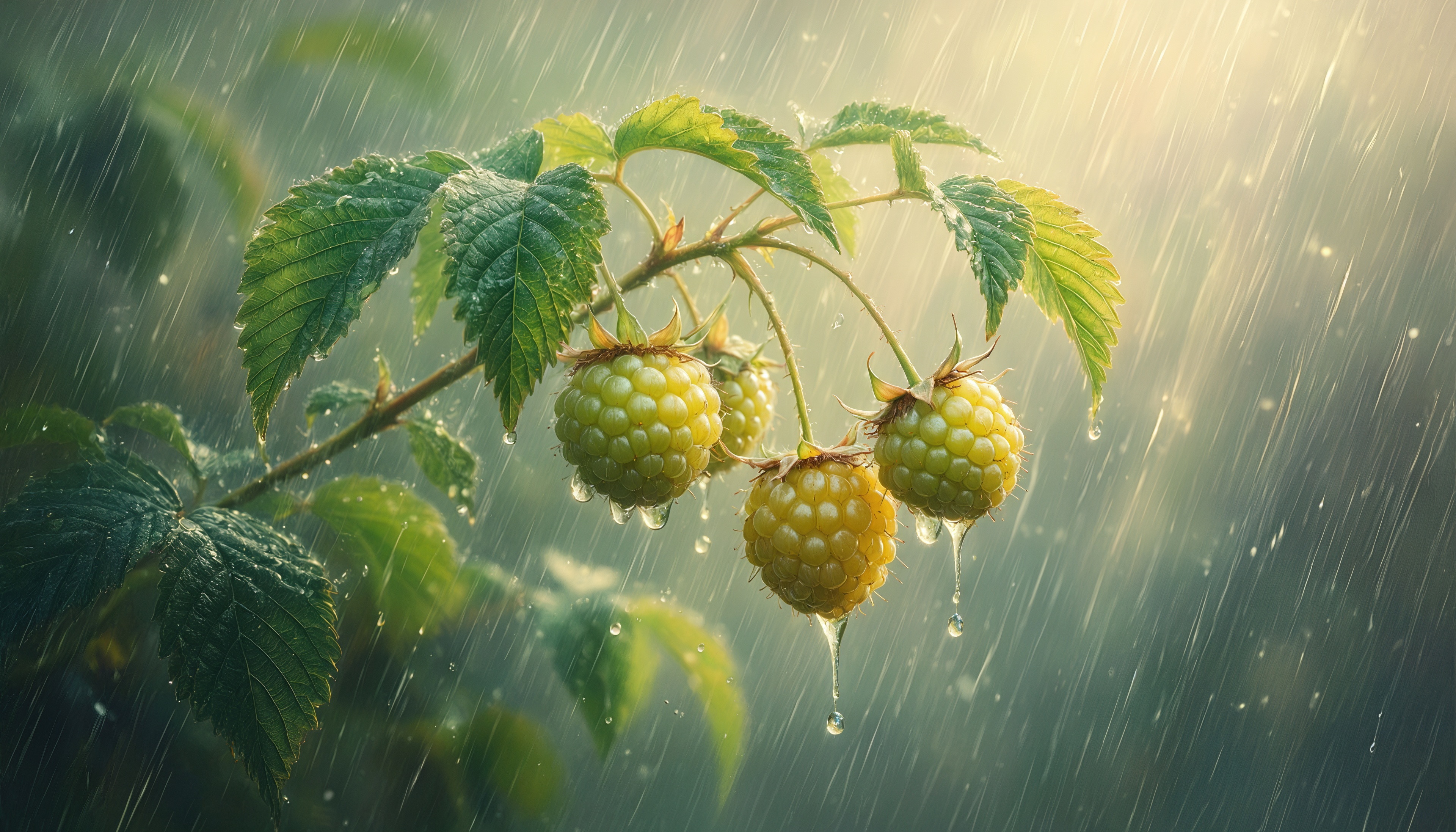 免费照片雨水爱抚复盆子树枝，太阳镀金滴-自然美景的时刻。