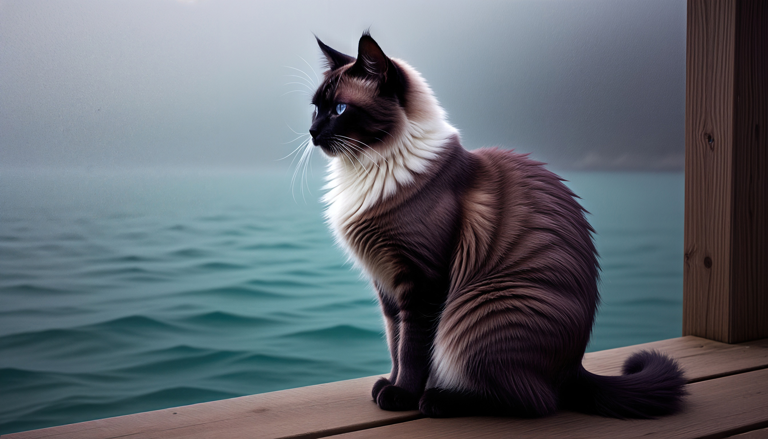 Free photo A Siamese cat looks thoughtfully at the water surface from a wooden deck.
