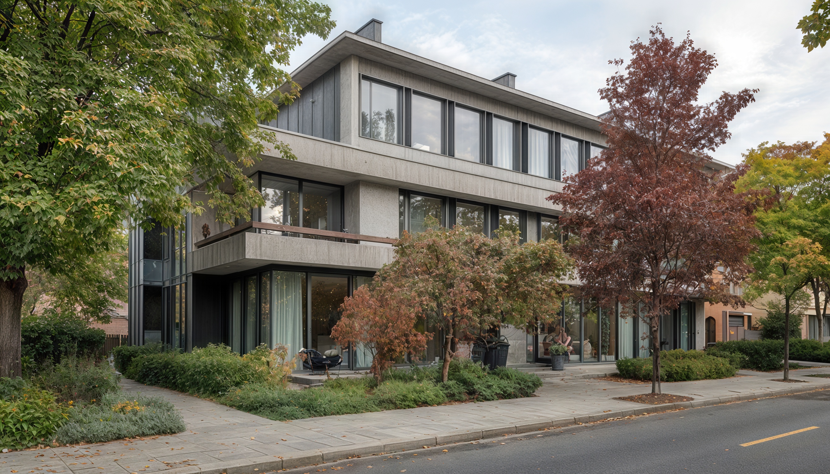 Современный дом с большими окнами утопает в зелени осеннего сада.