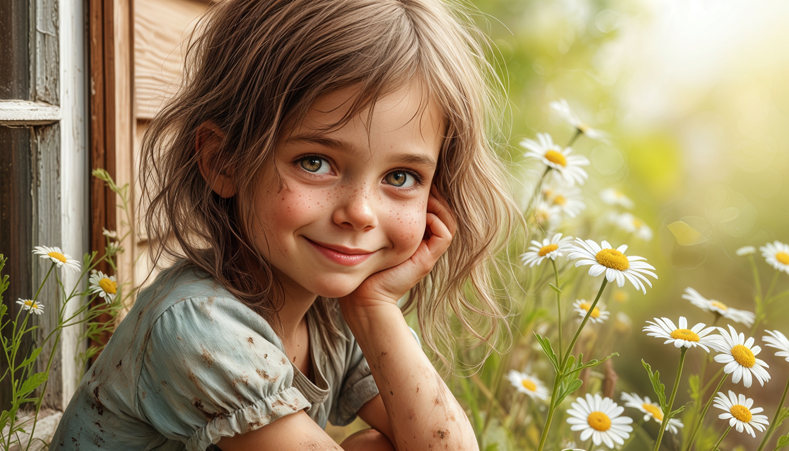 Веснушчатая девочка-грязнуля улыбается на фоне ромашек и деревянного забора.