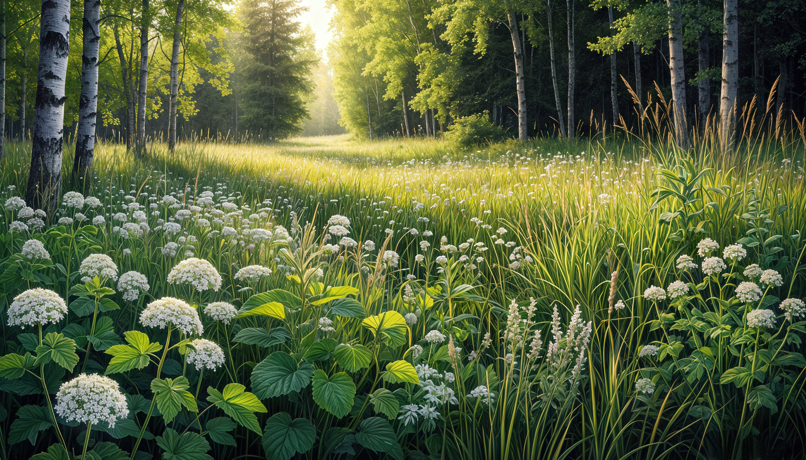 Бесплатное фото Лесной луг, усыпанный солнечными бликами посреди берез с травами и белыми зонтиками цветов.