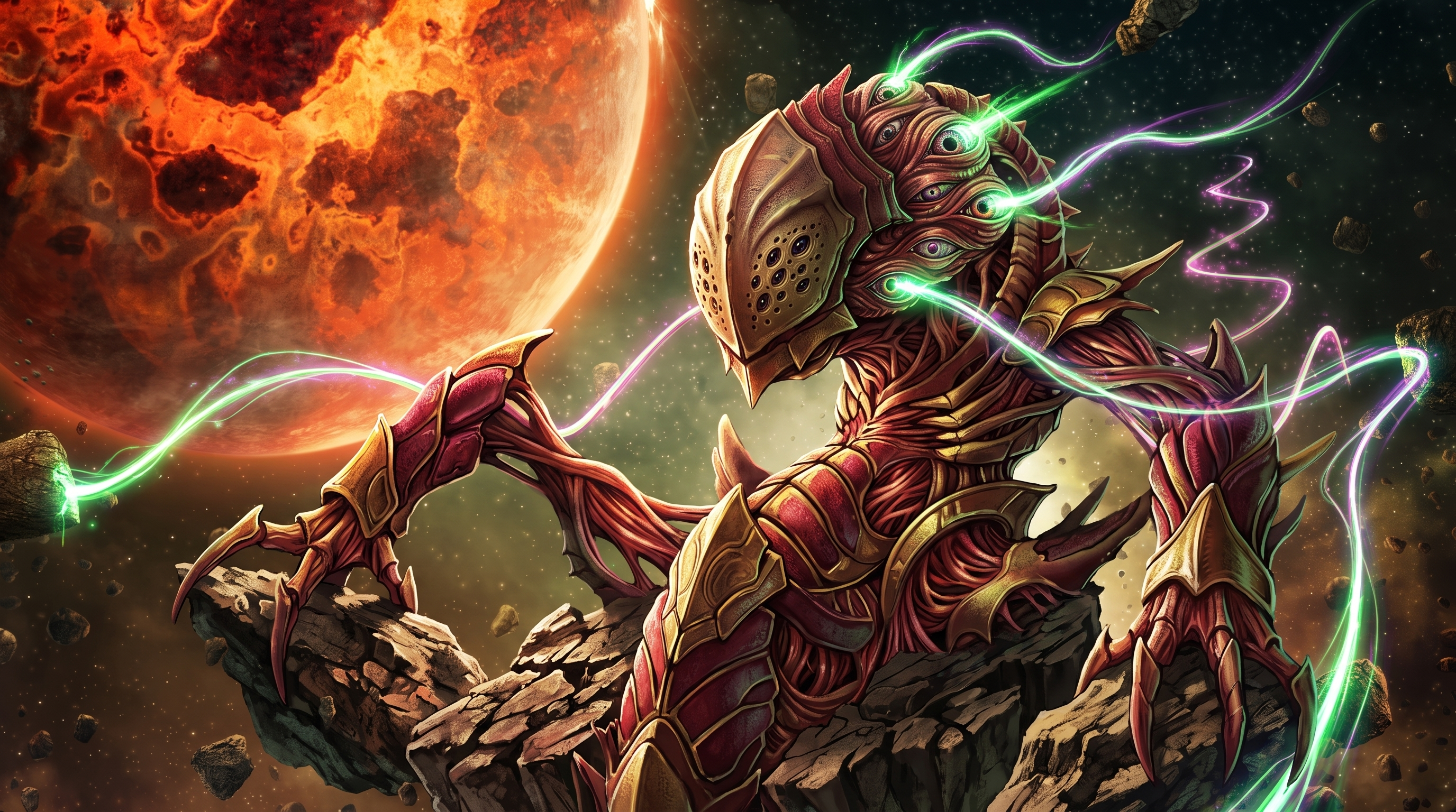 Free photo A multi-eyed alien monster on an asteroid against the background of a burning planet