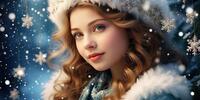 Снегурочка в меховой шапке среди сверкающих снежинок - зимняя сказка!