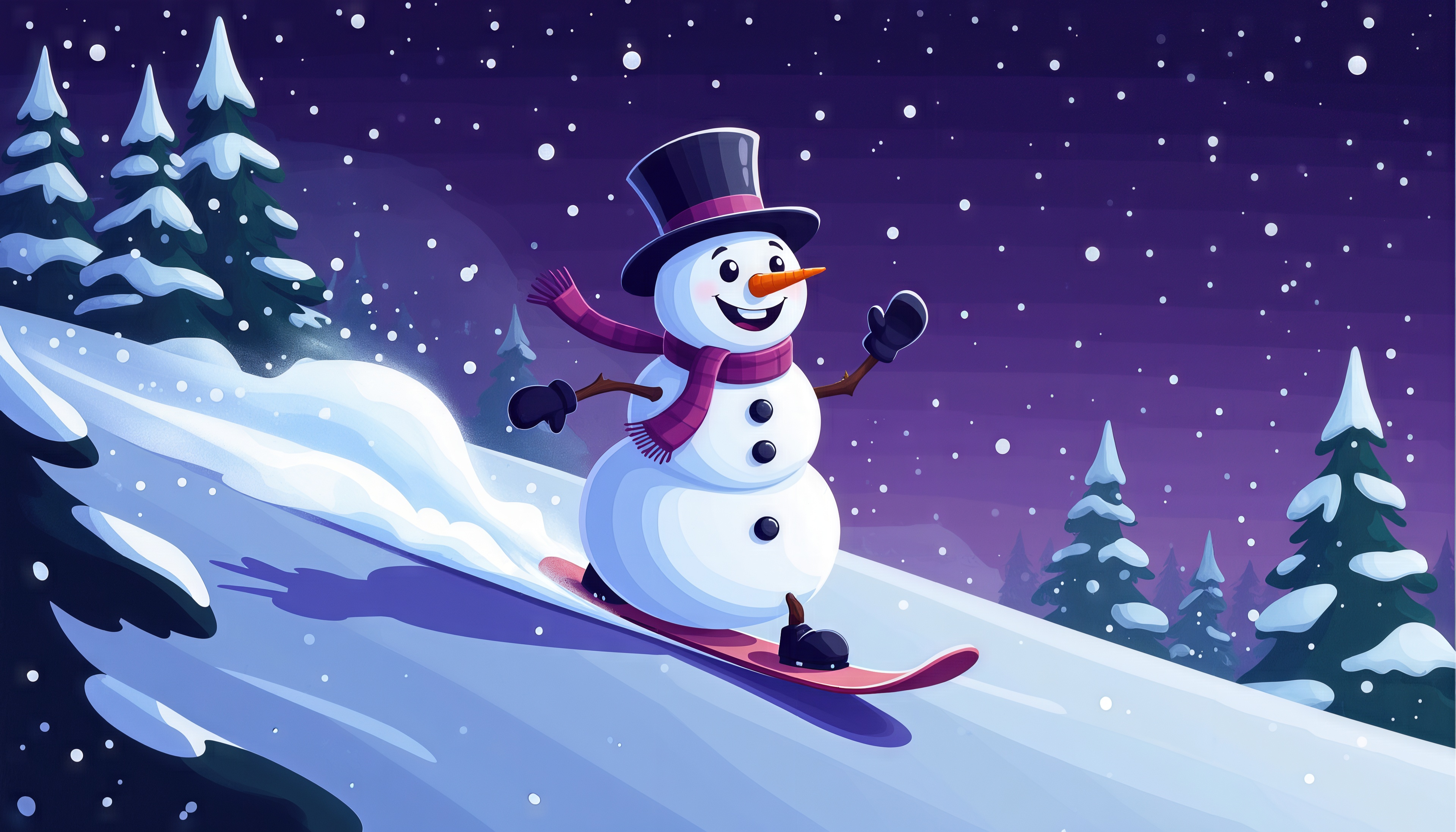 Бесплатное фото Весёлый снеговик мчится на сноуборде среди заснеженных елей - зима зовёт!