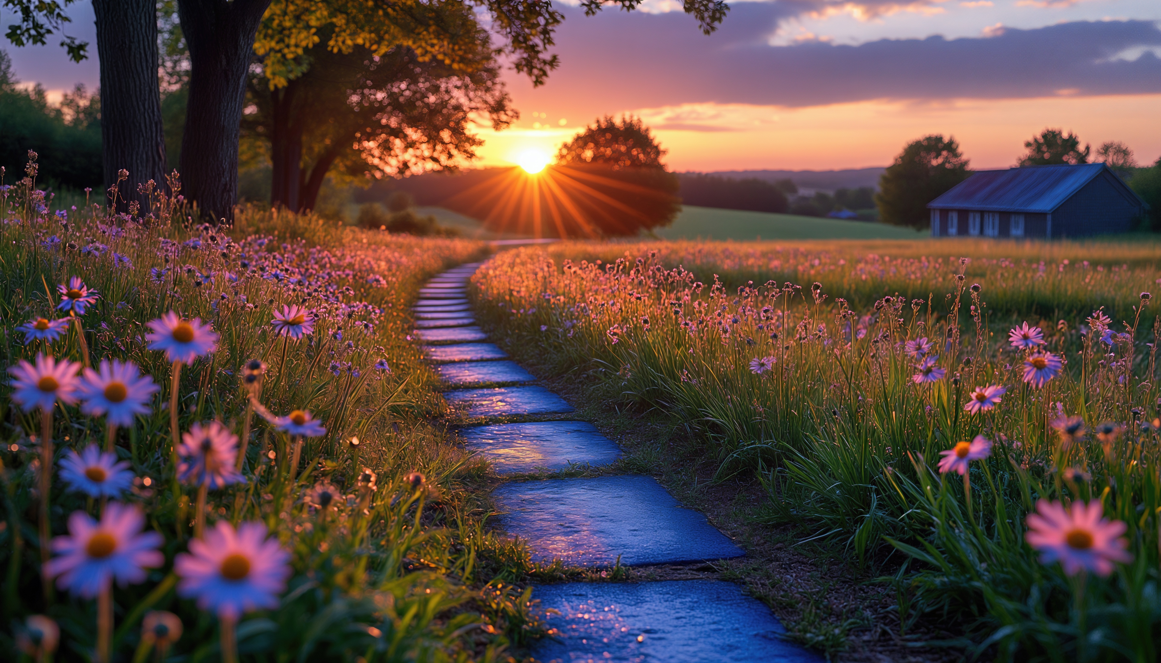 免费照片一条石径，雏菊和温暖的日落是乡村田园诗。