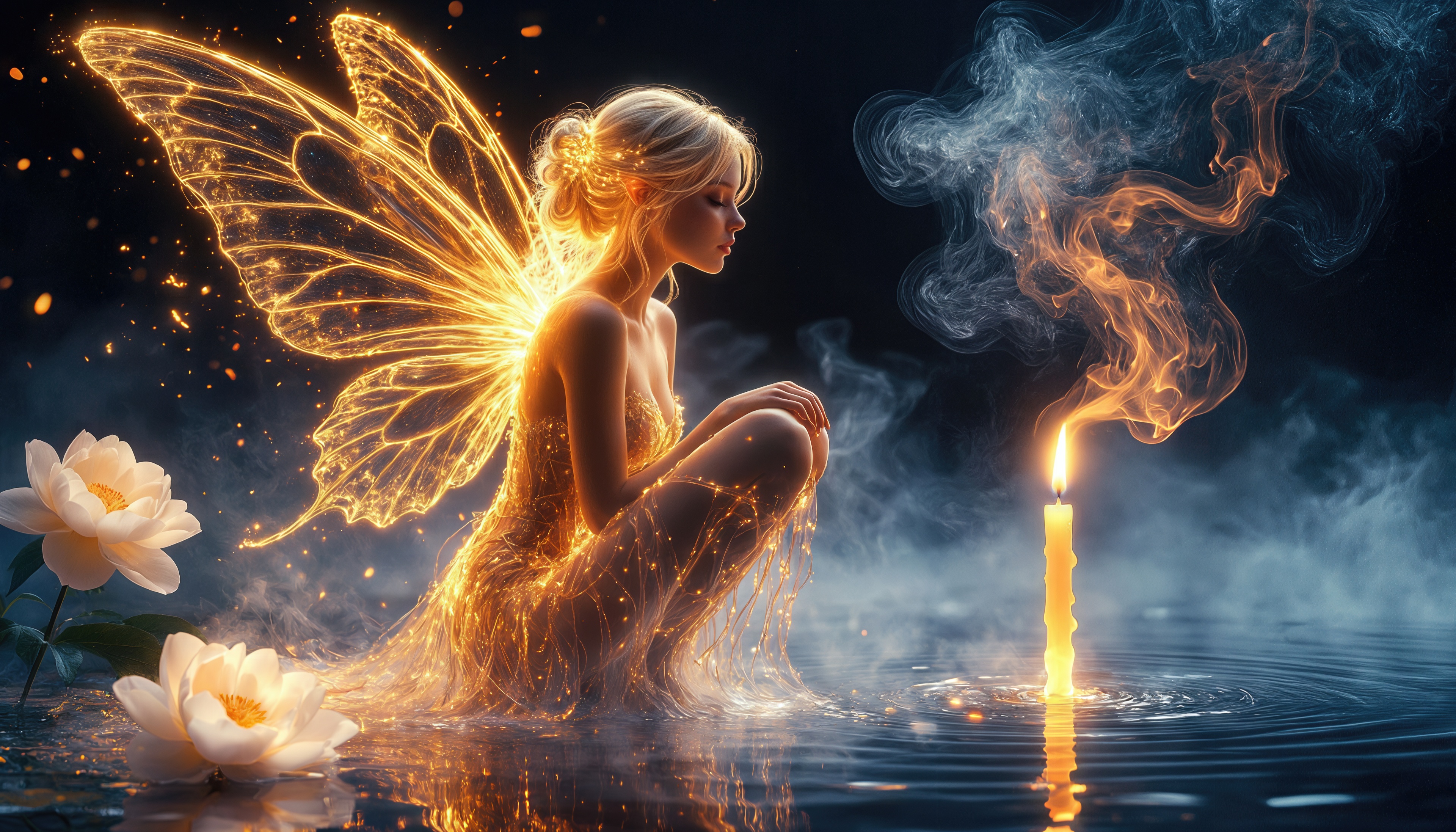 Бесплатное фото Фея в золотом сиянии у зажжённой свечи на воде.
