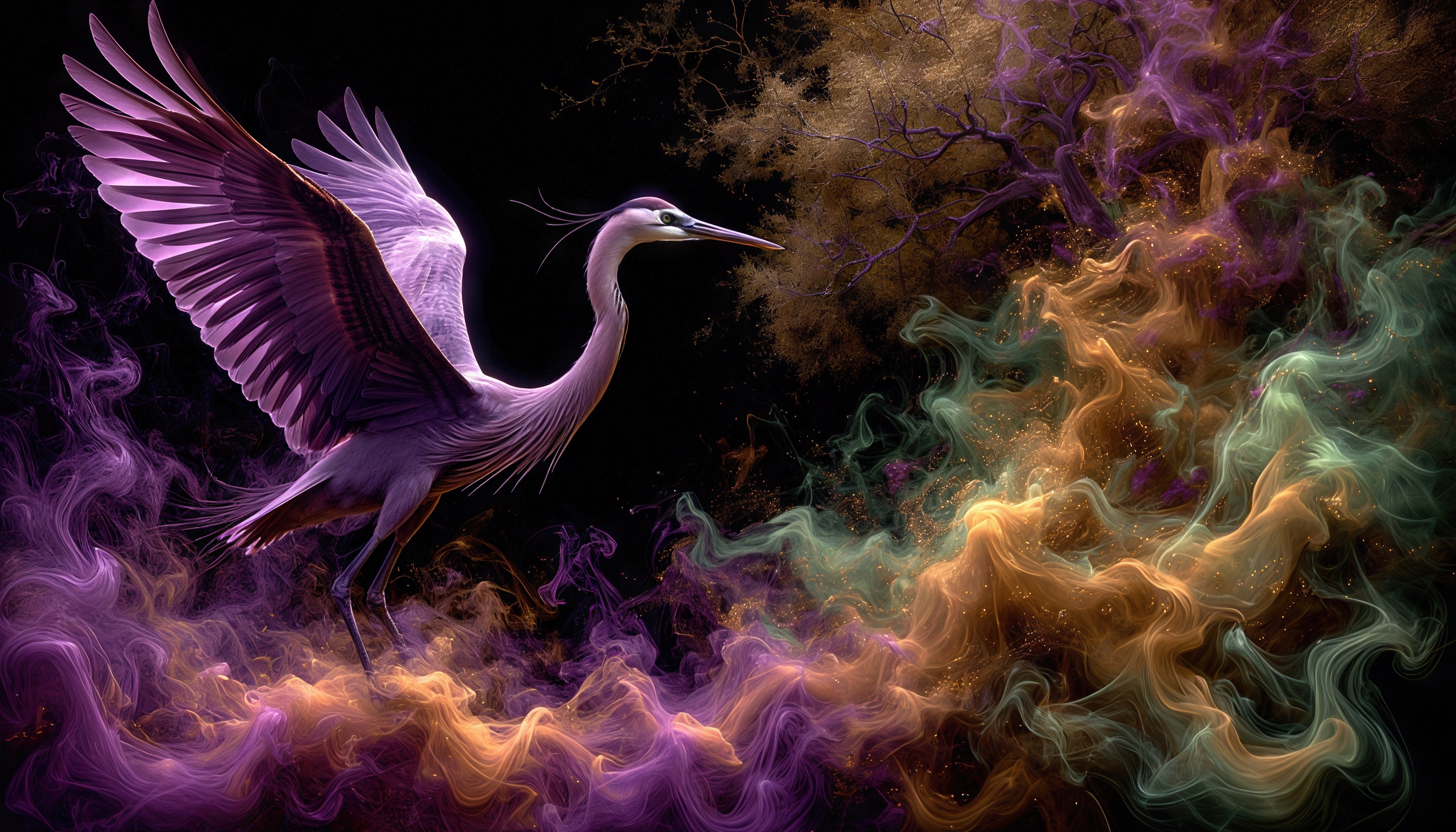 Бесплатное фото Фантастическая птица в полете на фоне темного неба, окруженная разноцветными дымными облаками.