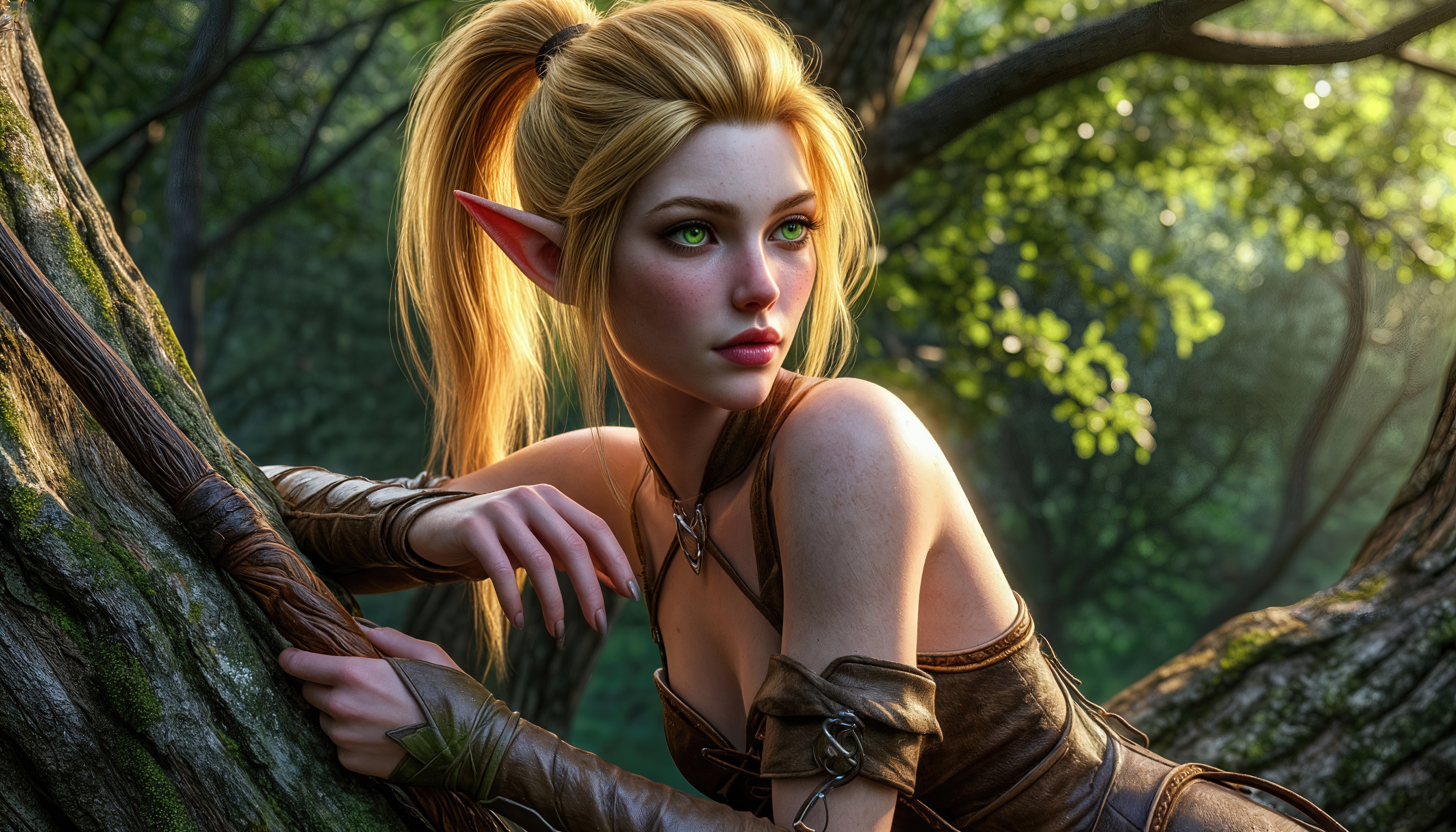 Бесплатное фото Девушка-эльф в кожаной одежде облокотилась на дерево, сжимая в руках посох.
