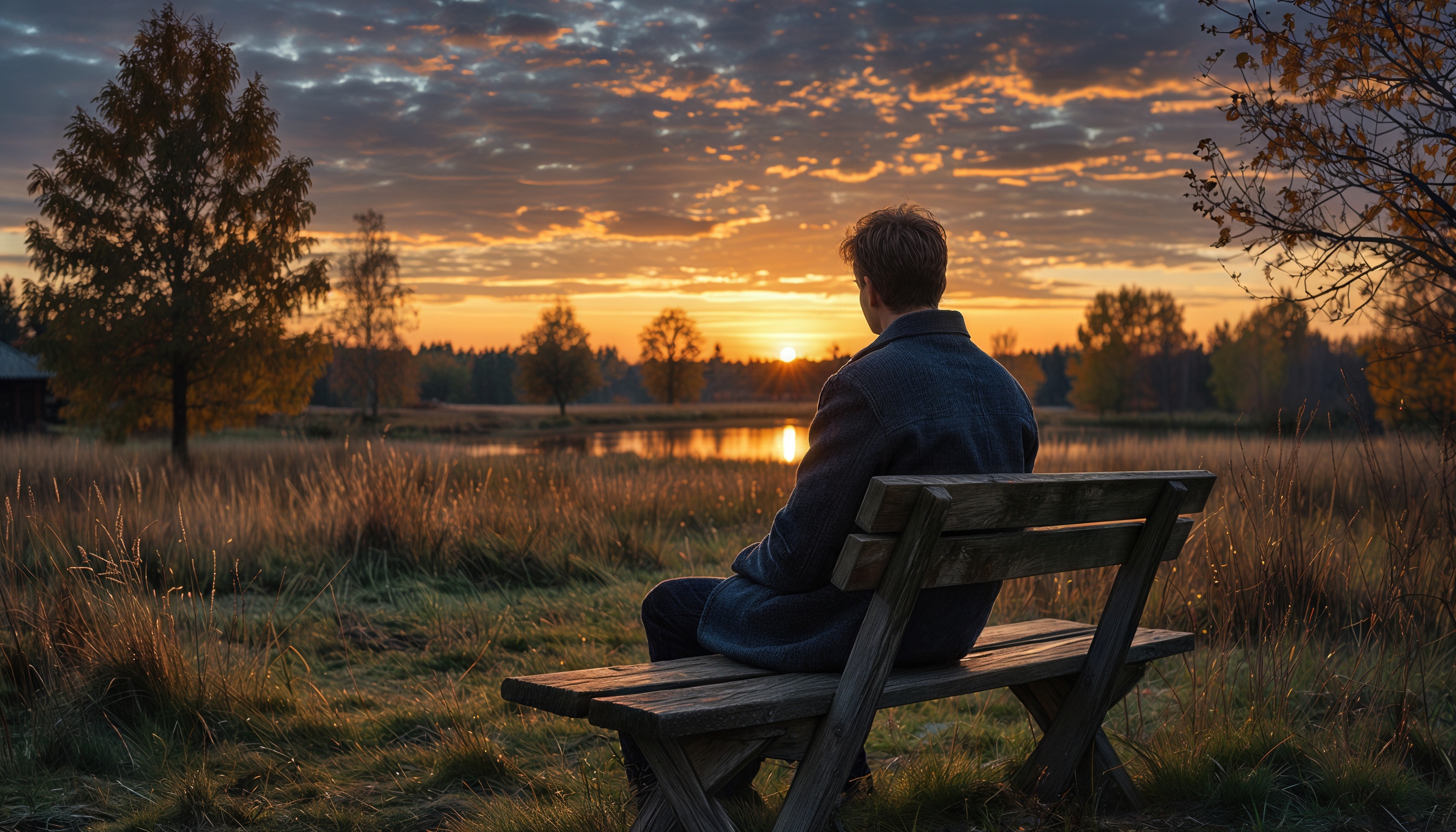 Человек на скамейке в поле любуется закатом над озером, окруженный природой.
