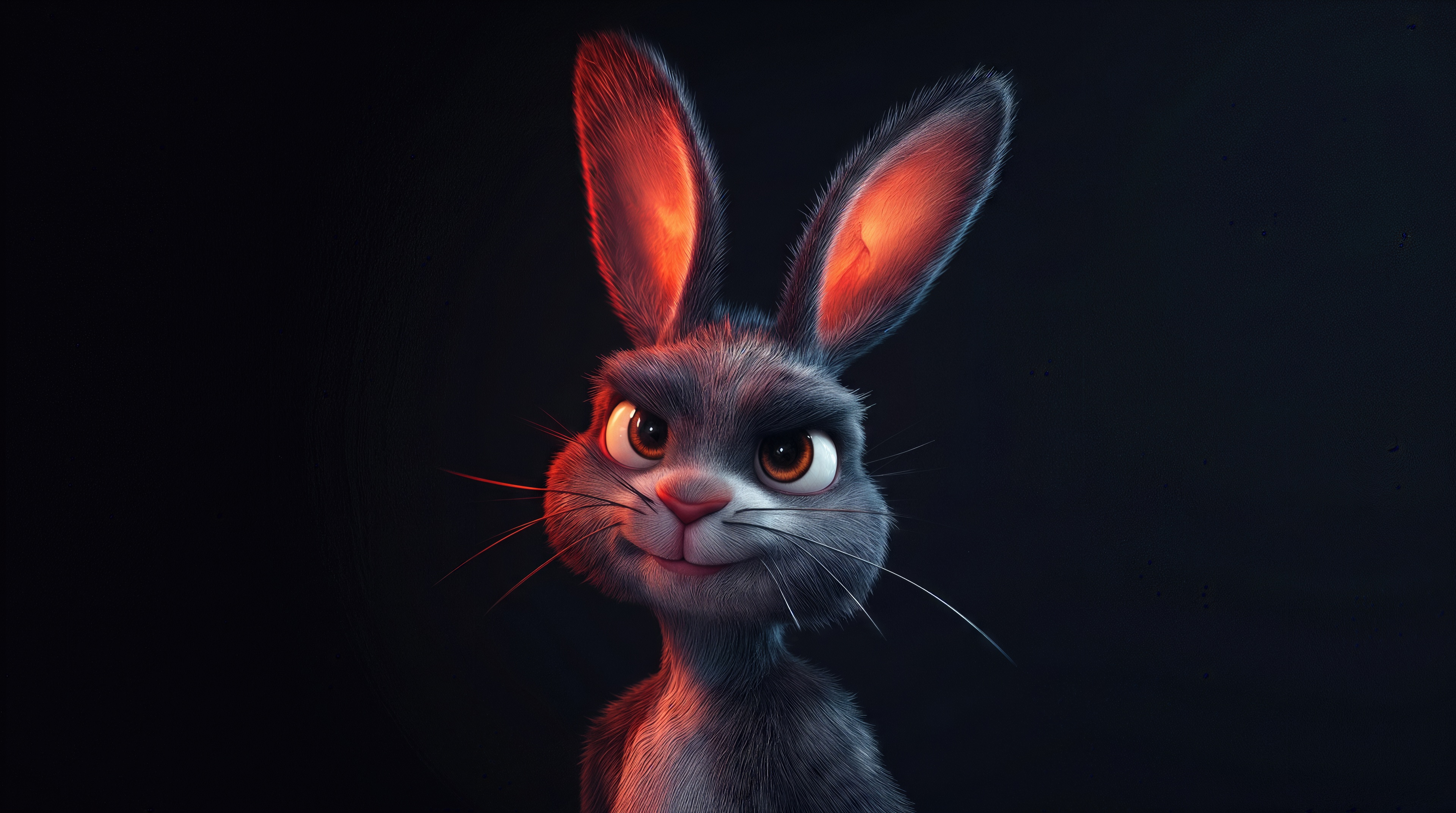 A charming grey rabbit with a sly grin and big brown eyes poses against a dark studio background.