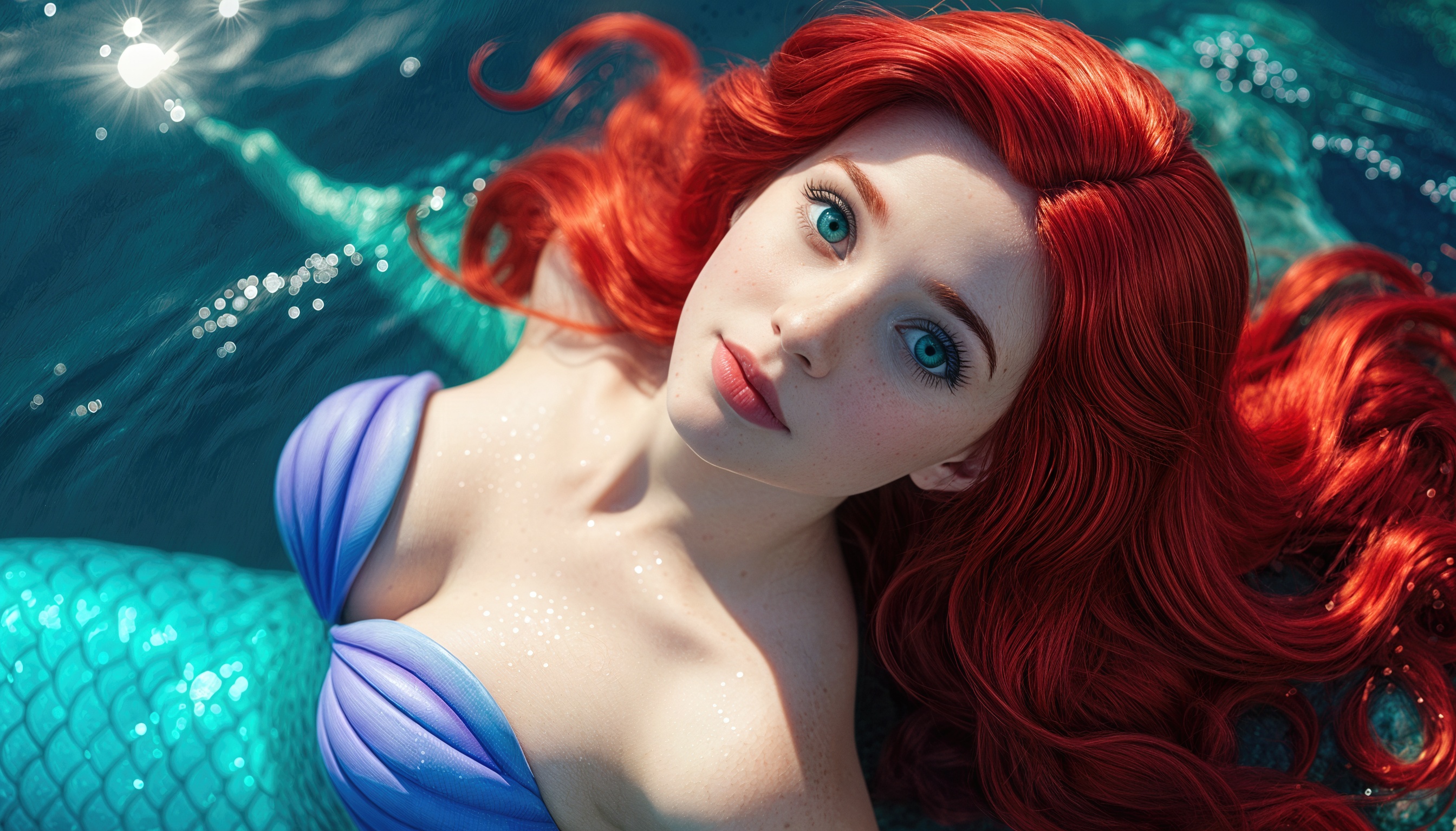 A little mermaid with red hair and blue eyes in a blue swimsuit resembling a shell in the underwater world.