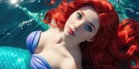 A little mermaid with red hair and blue eyes in a blue swimsuit resembling a shell in the underwater world.