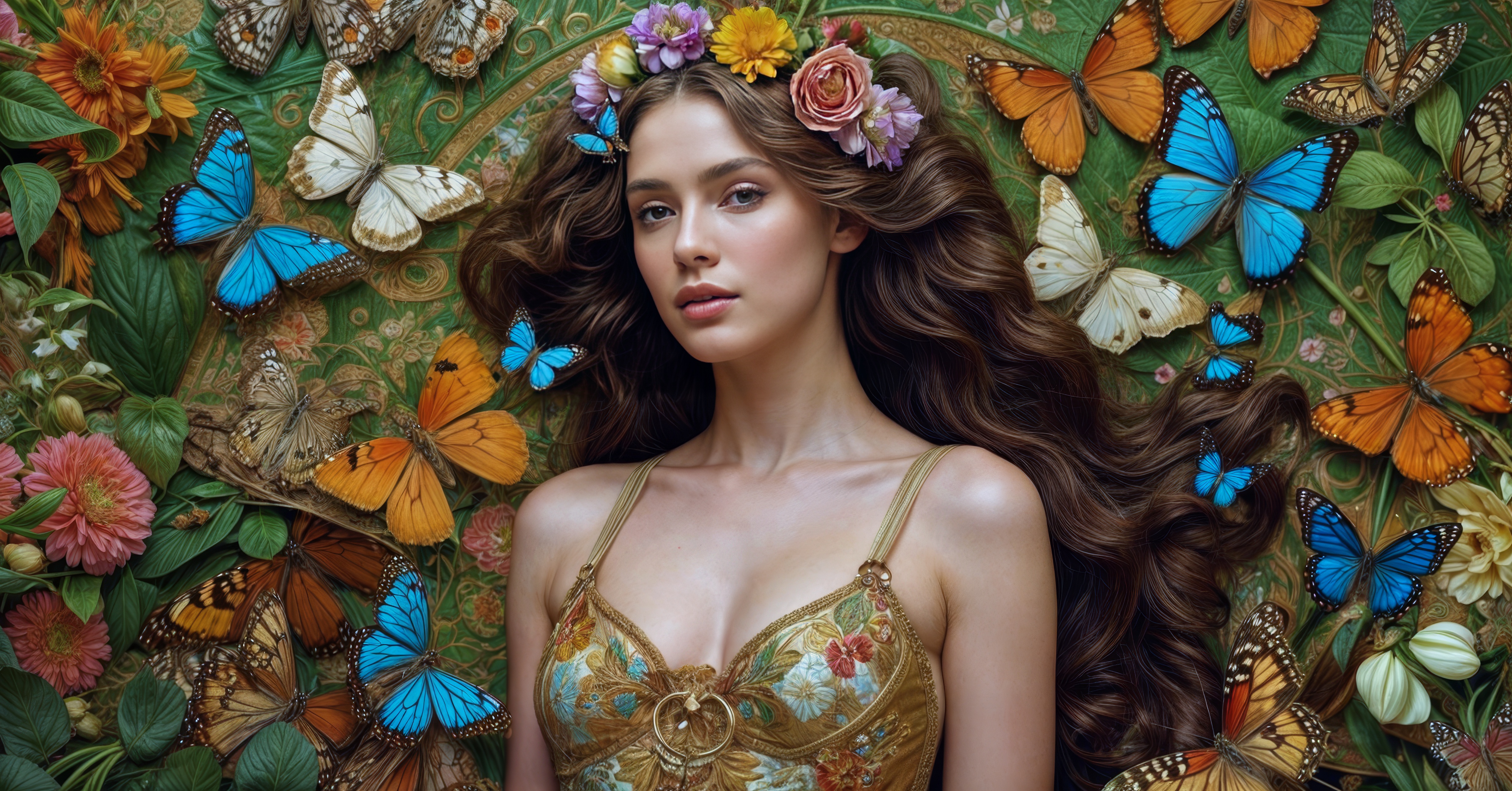 Красивая женщина с цветами и бабочками в волосах