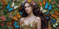 A beautiful woman with flowers and butterflies in her hair