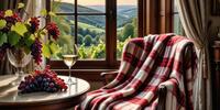 Уютное кресло с клетчатым пледом у окна с видом на зелёные холмы, бокал вина и виноград на столе.