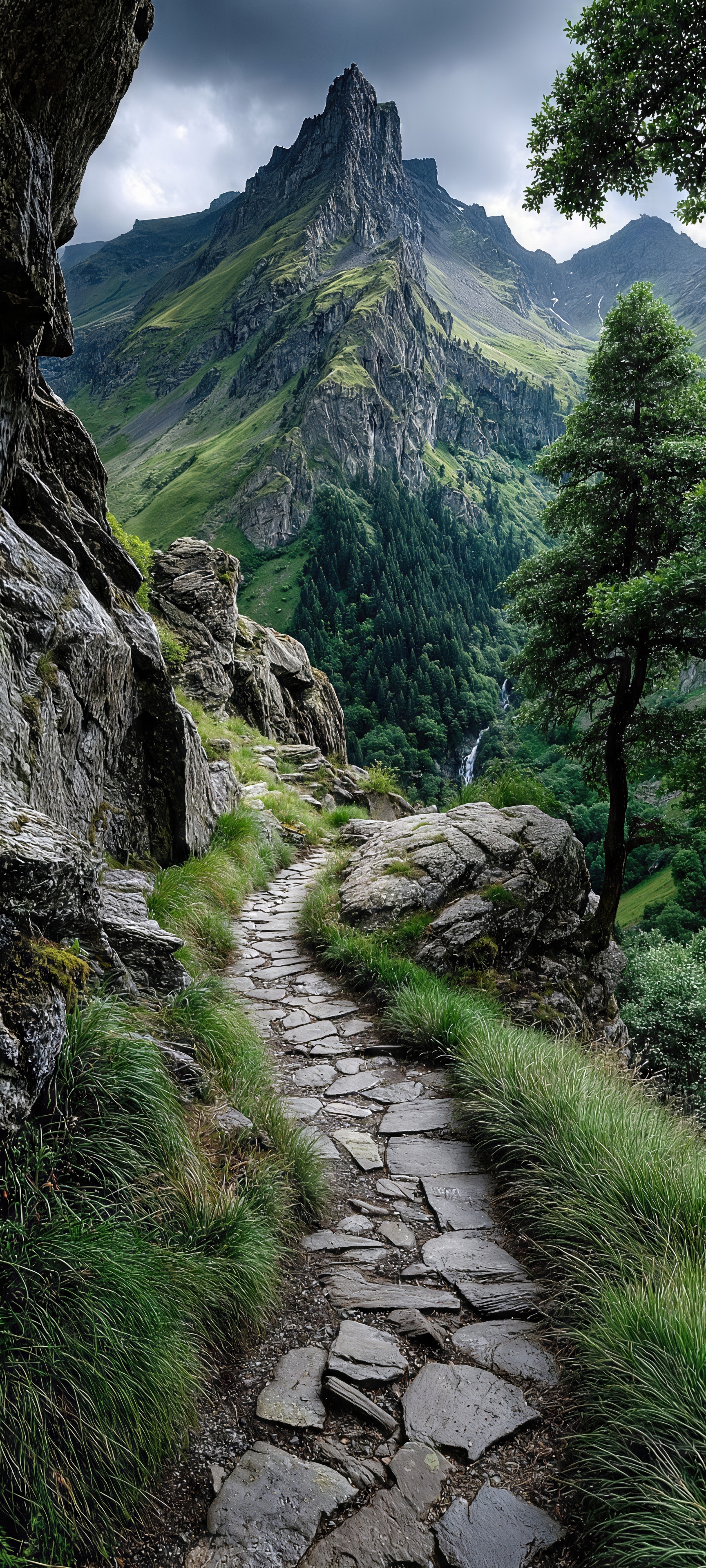 Free photo A stone path winds through the rocky terrain, leading to majestic mountain peaks.