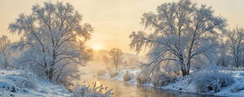 Бесплатное фото Небольшая речка, окруженная заснеженной землей и деревьями