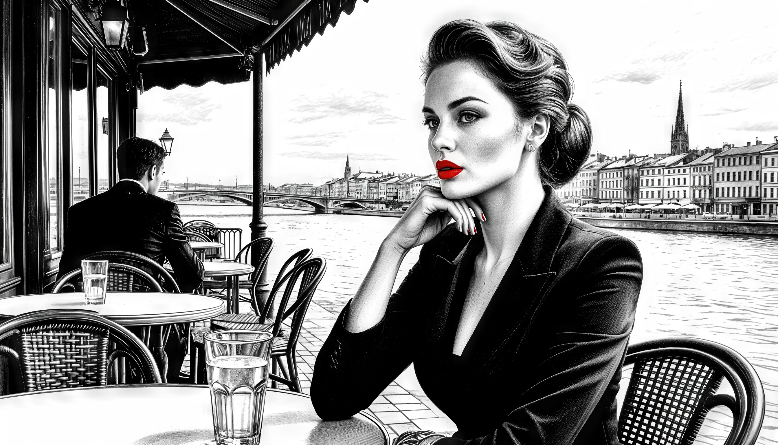 Женщина в черном костюме сидит на террасе кафе, задумчиво глядя в сторону, на фоне городского пейзажа с рекой и мостом.