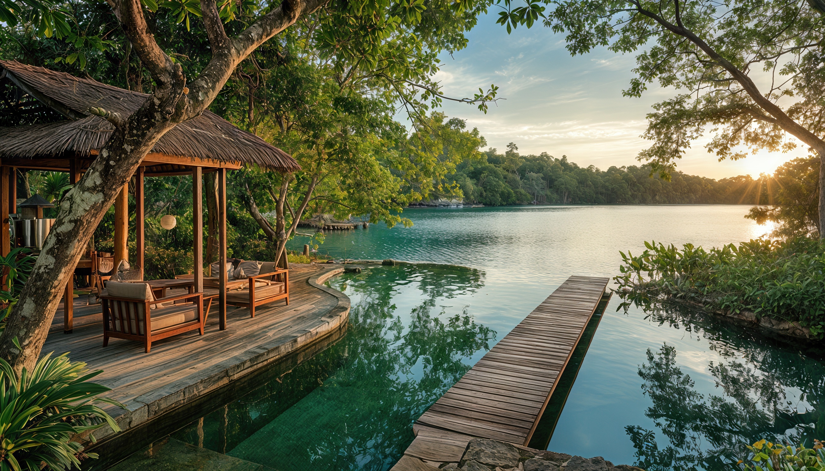 免费照片度假村内有休息场所、小型码头和平静的水域。