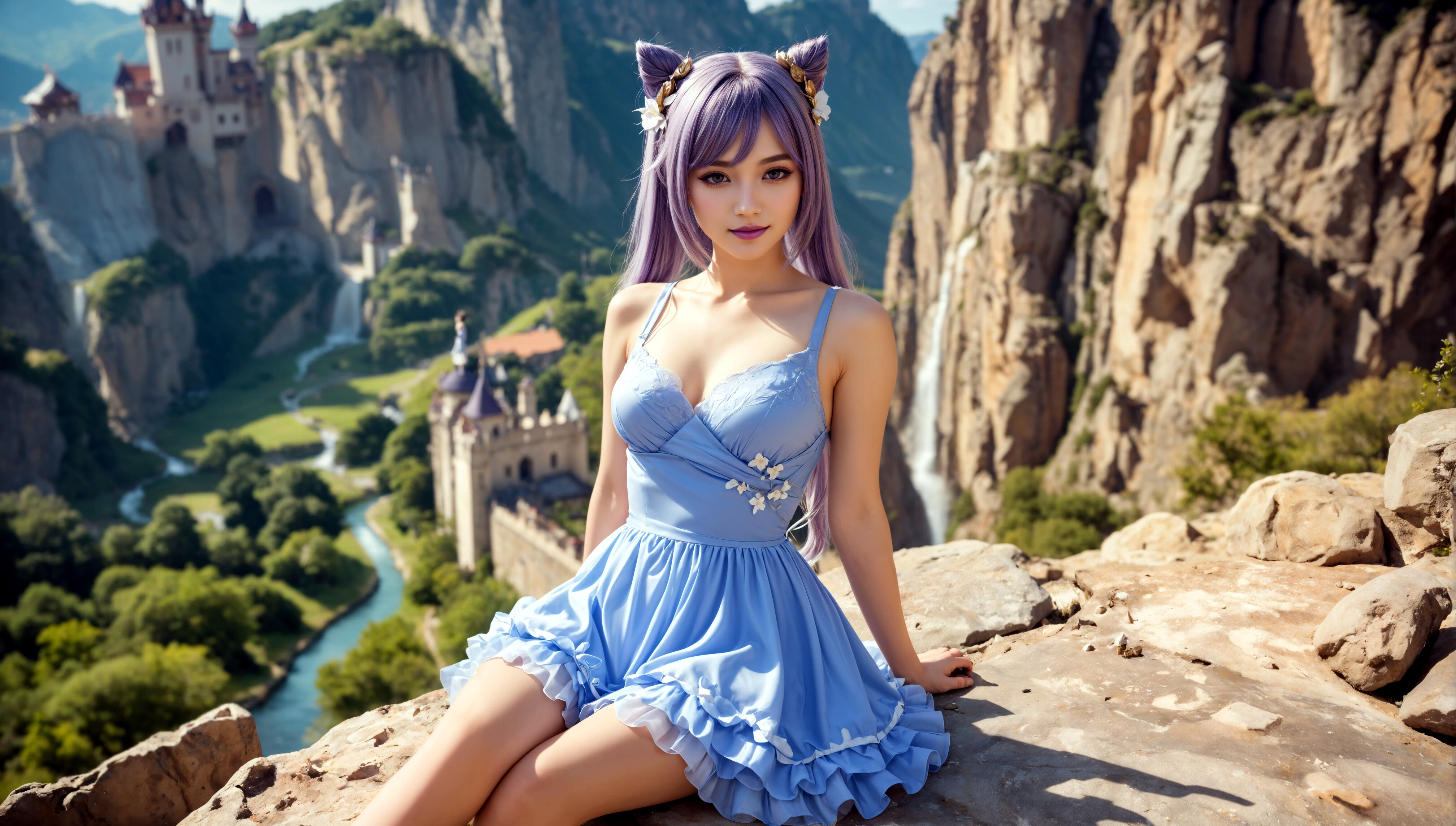 Бесплатное фото Девочка в голубом платье сидит на скале