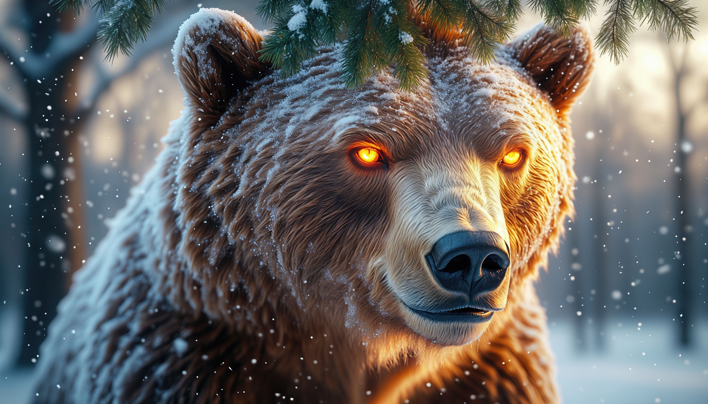 Величественный бурый медведь среди заснеженных елей.