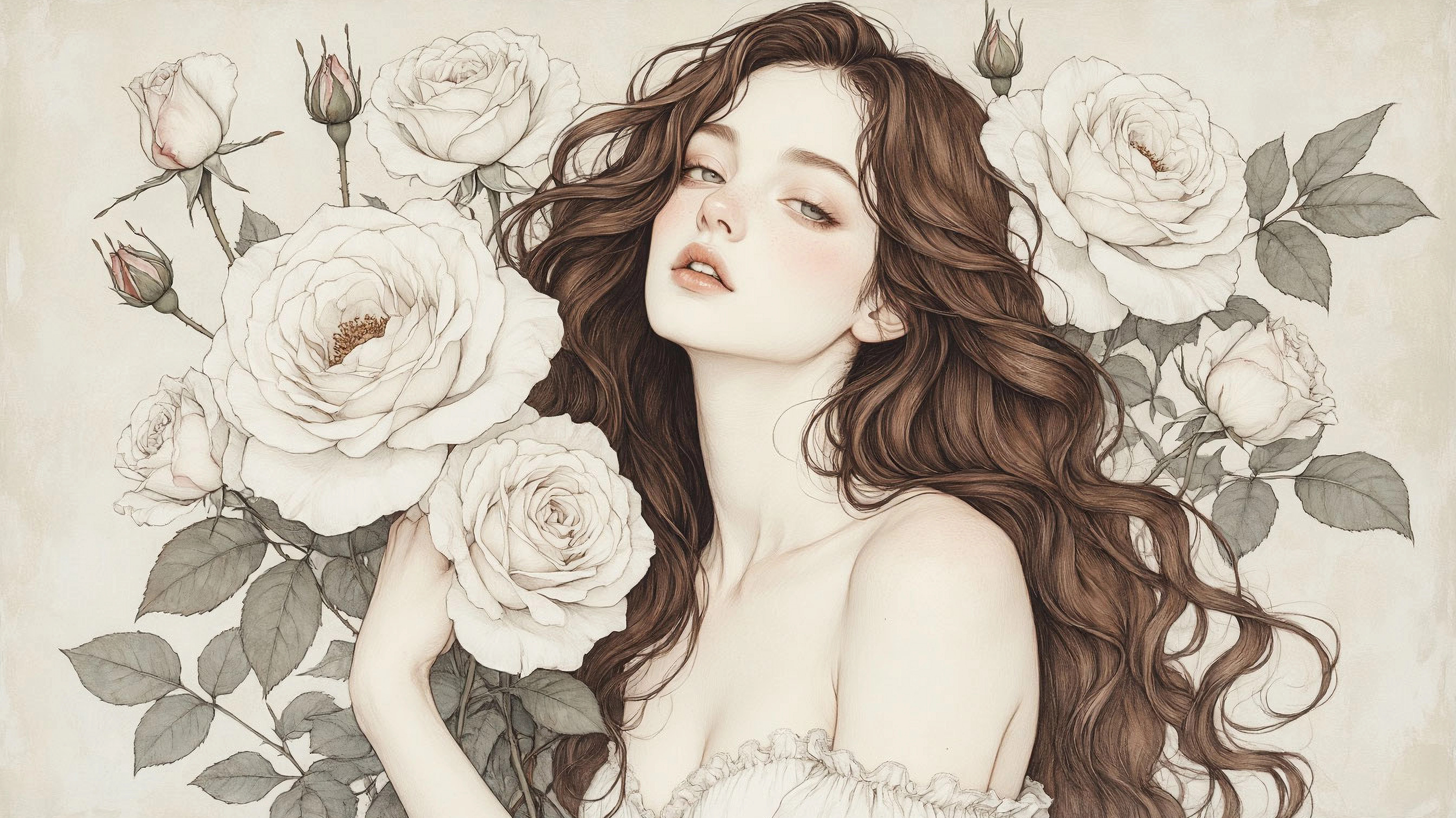 Бесплатное фото Девушка с белыми розами
