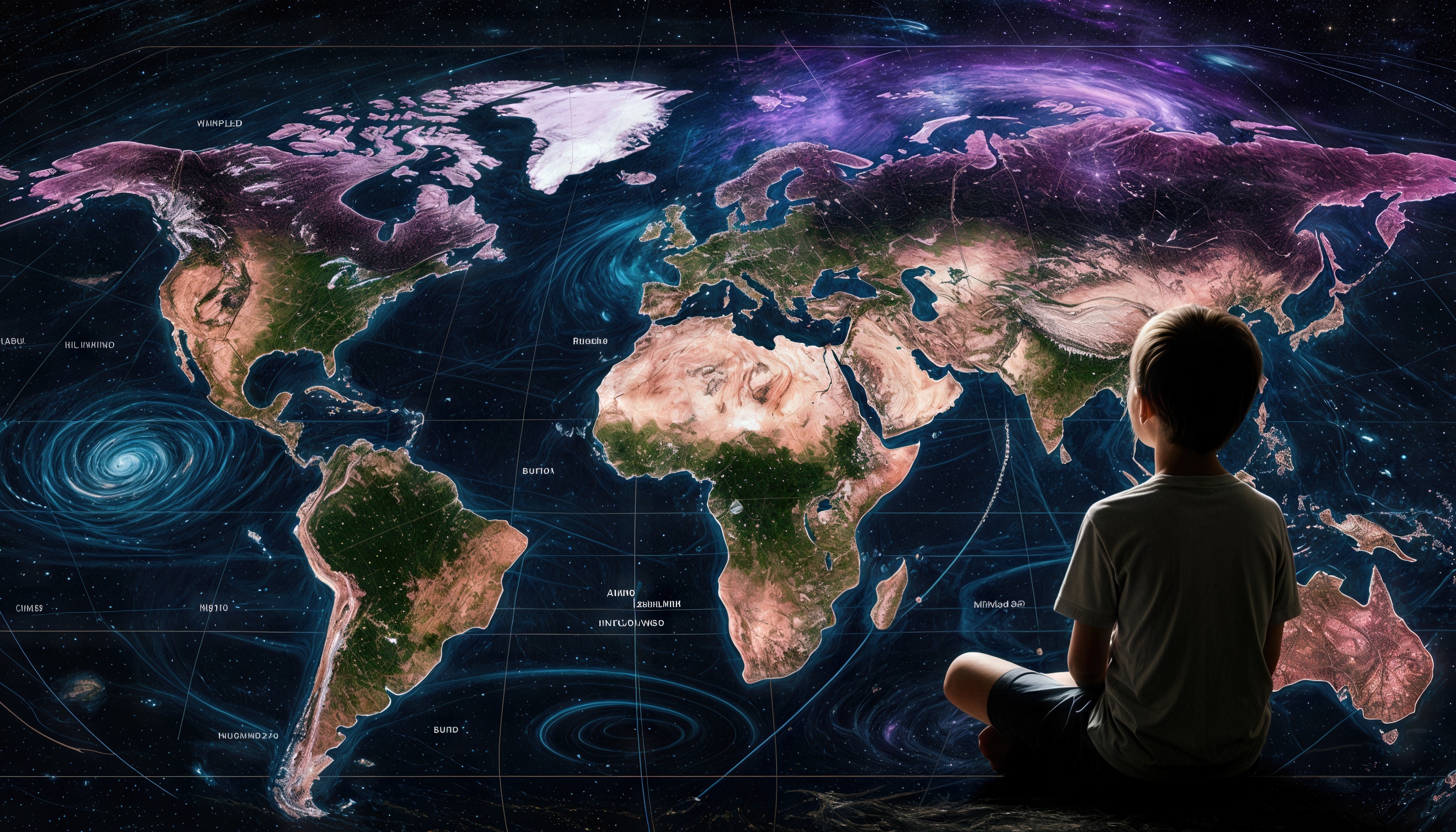 Бесплатное фото Парень сидит перед картой мира, которая имеет мистические цвета, со светящимися контурами континентов.