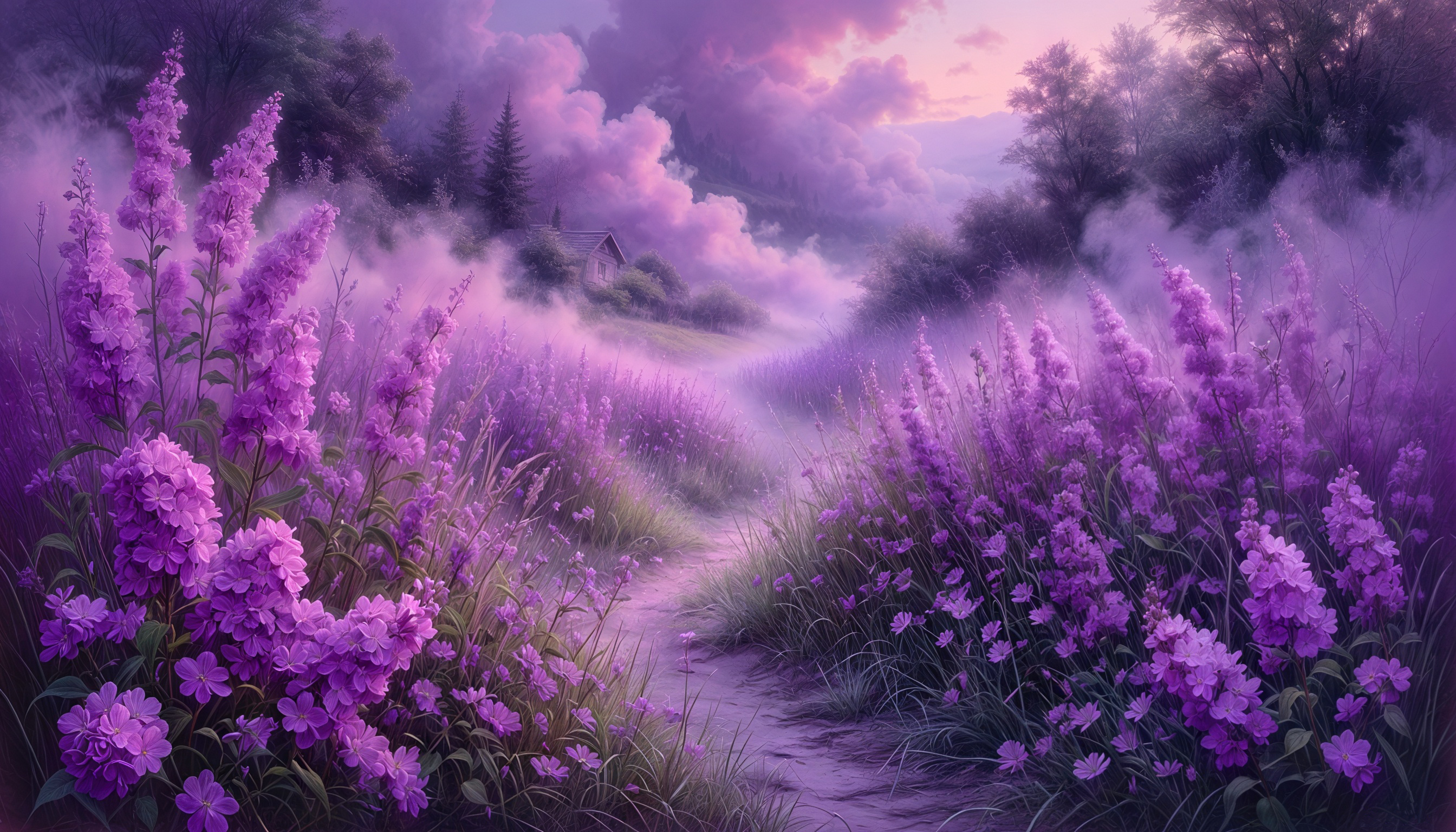 Бесплатное фото Фиолетовые цветы в тумане, домик прячется за деревьями на рассвете.