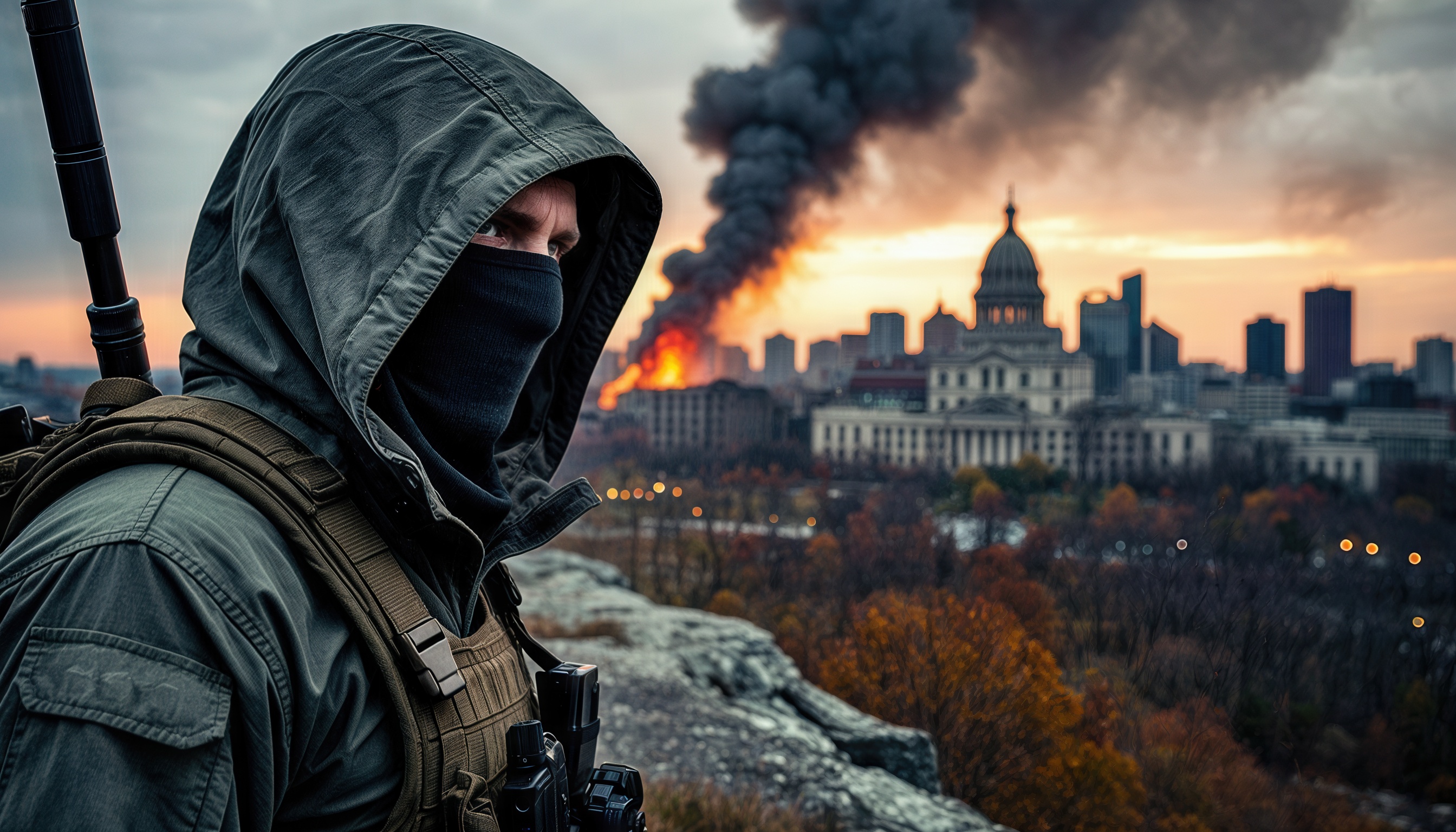 Бесплатное фото Боец в балаклаве наблюдает за горящим городом на закате.