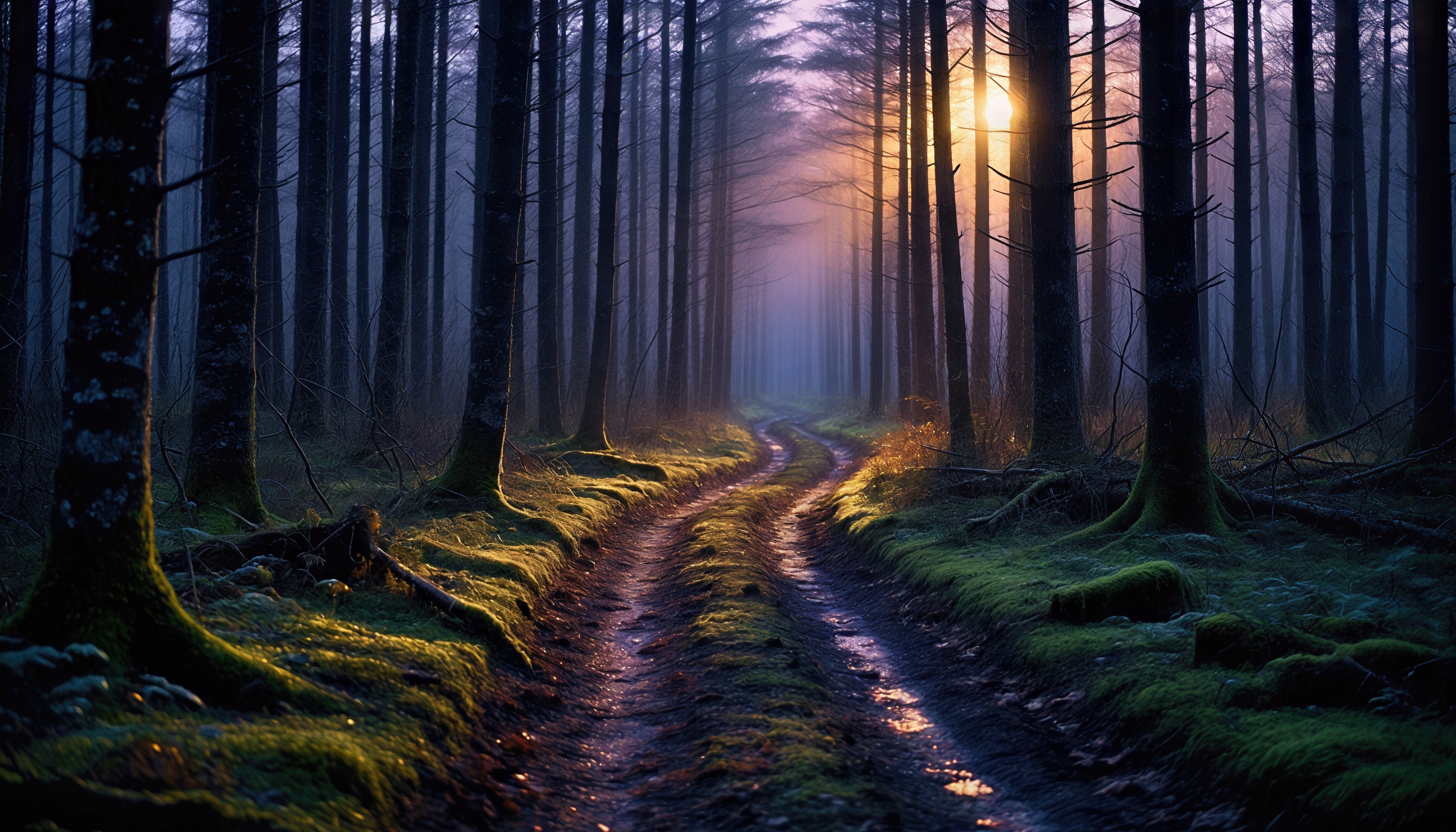 Free photo Morning forest: road, moss and sun glare in a misty haze.