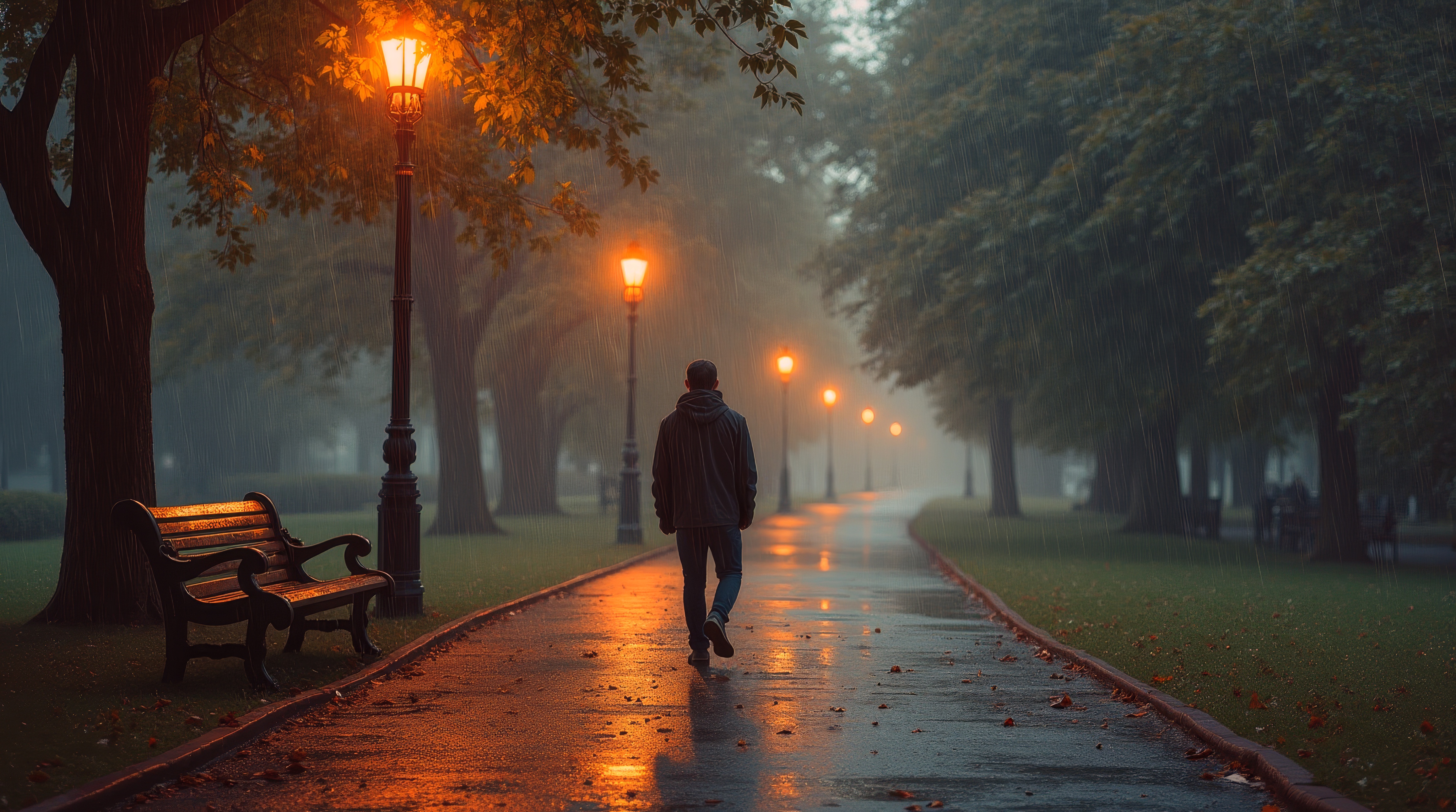 Бесплатное фото Мужчина гуляет в парке под фонарями.