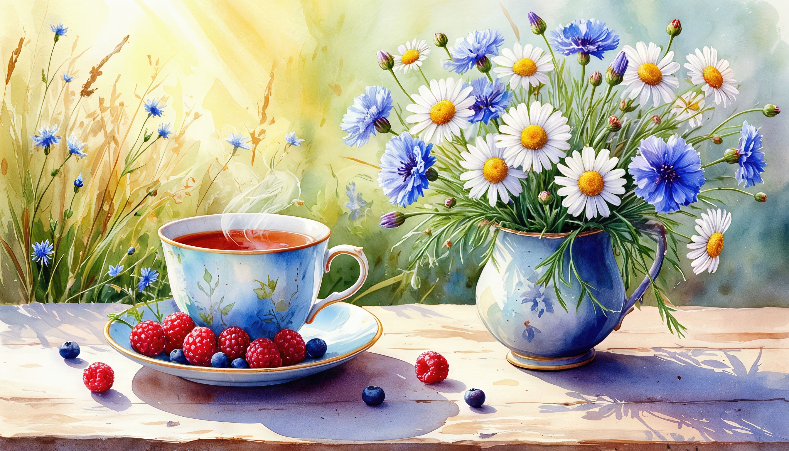 Акварельная картина с чашкой чая, ягодами и букетом цветов на фоне летнего пейзажа.