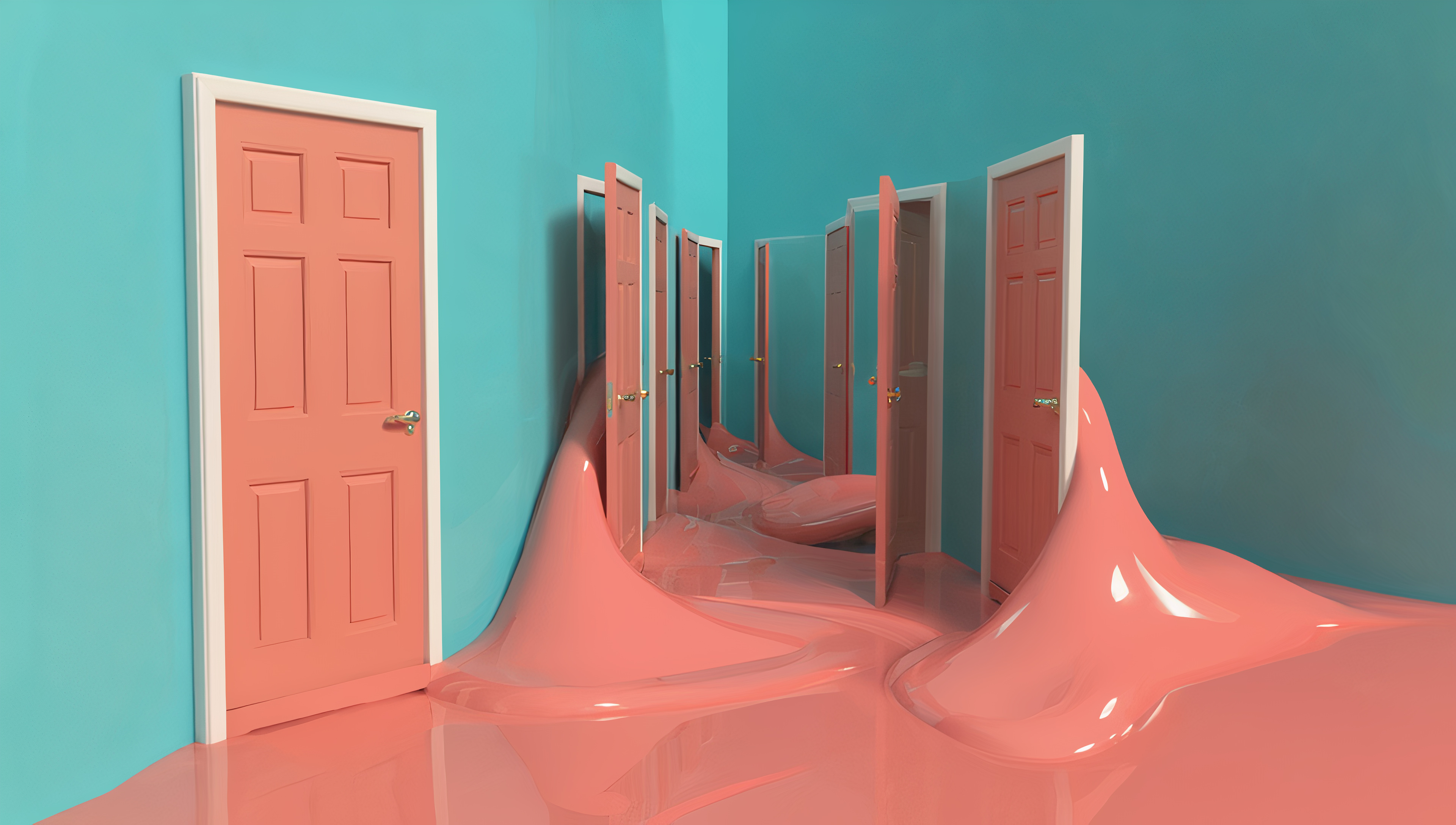 Бесплатное фото Обои на рабочий стол, абстрактная картина, на которой из нескольких дверей в комнату затекает  масса