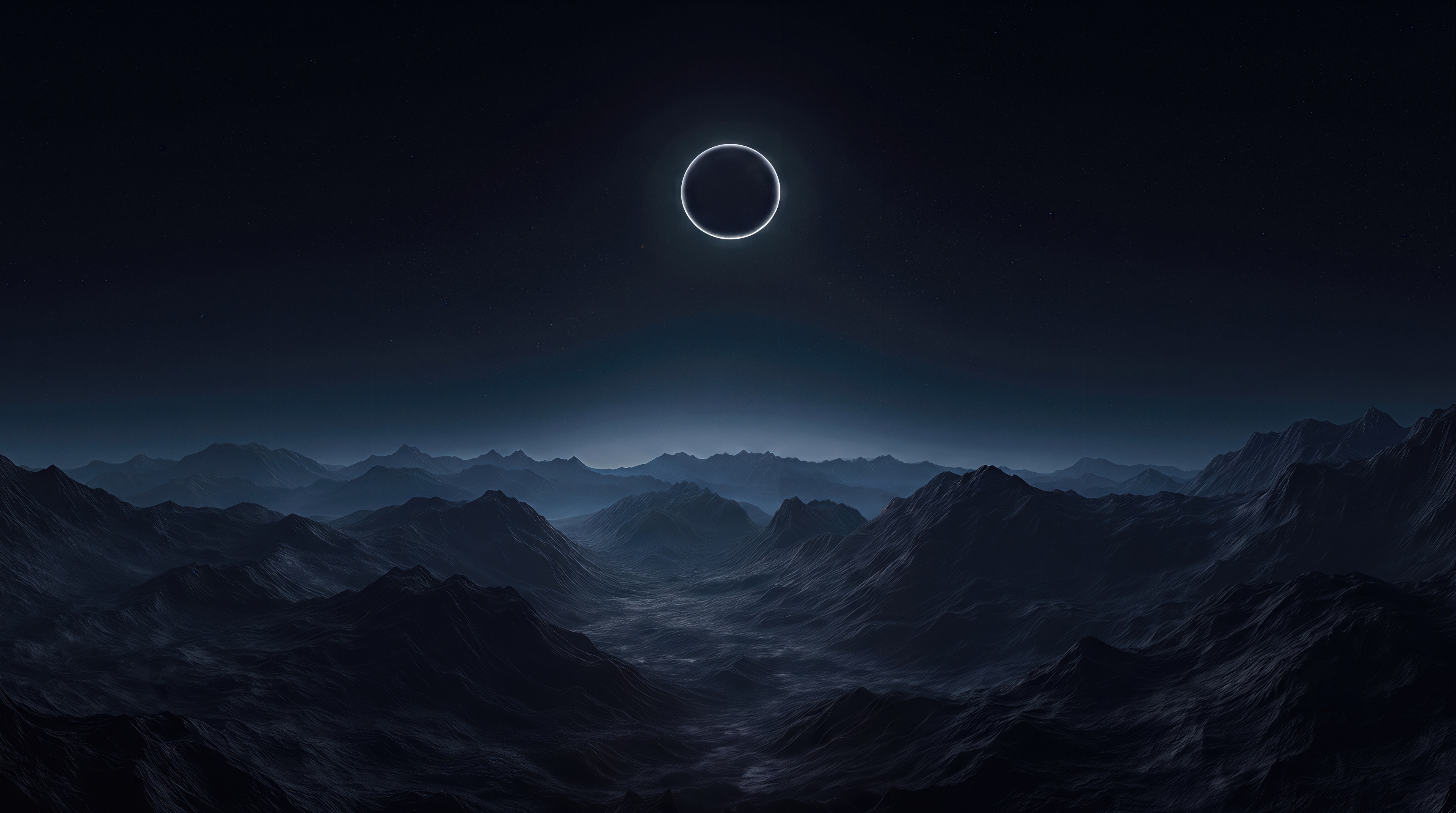 Free photo A total solar eclipse with a shining corona over the lifeless dark mountains of an alien planet.