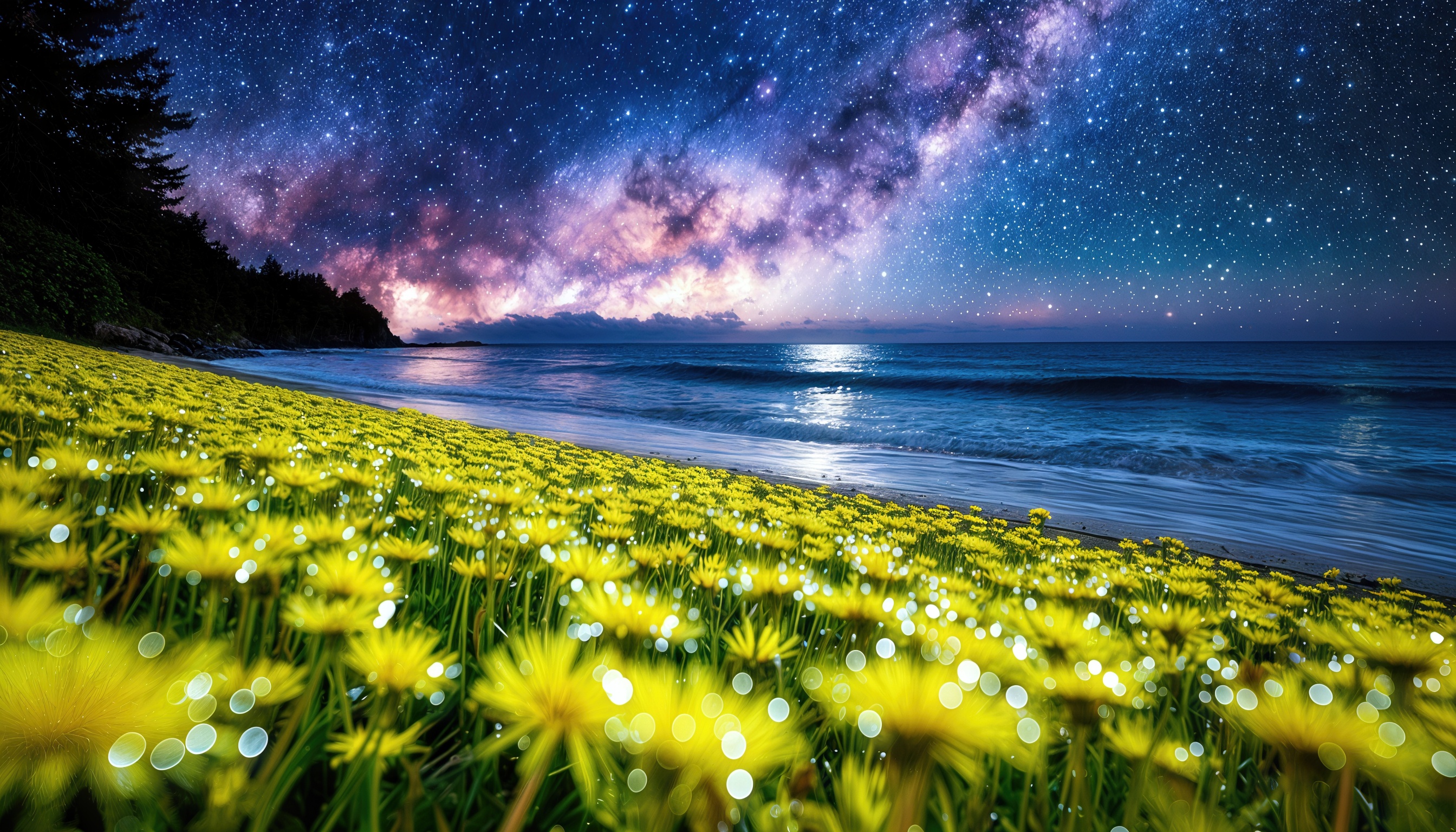 Бесплатное фото Пляж с желтыми цветами и звездным небом.