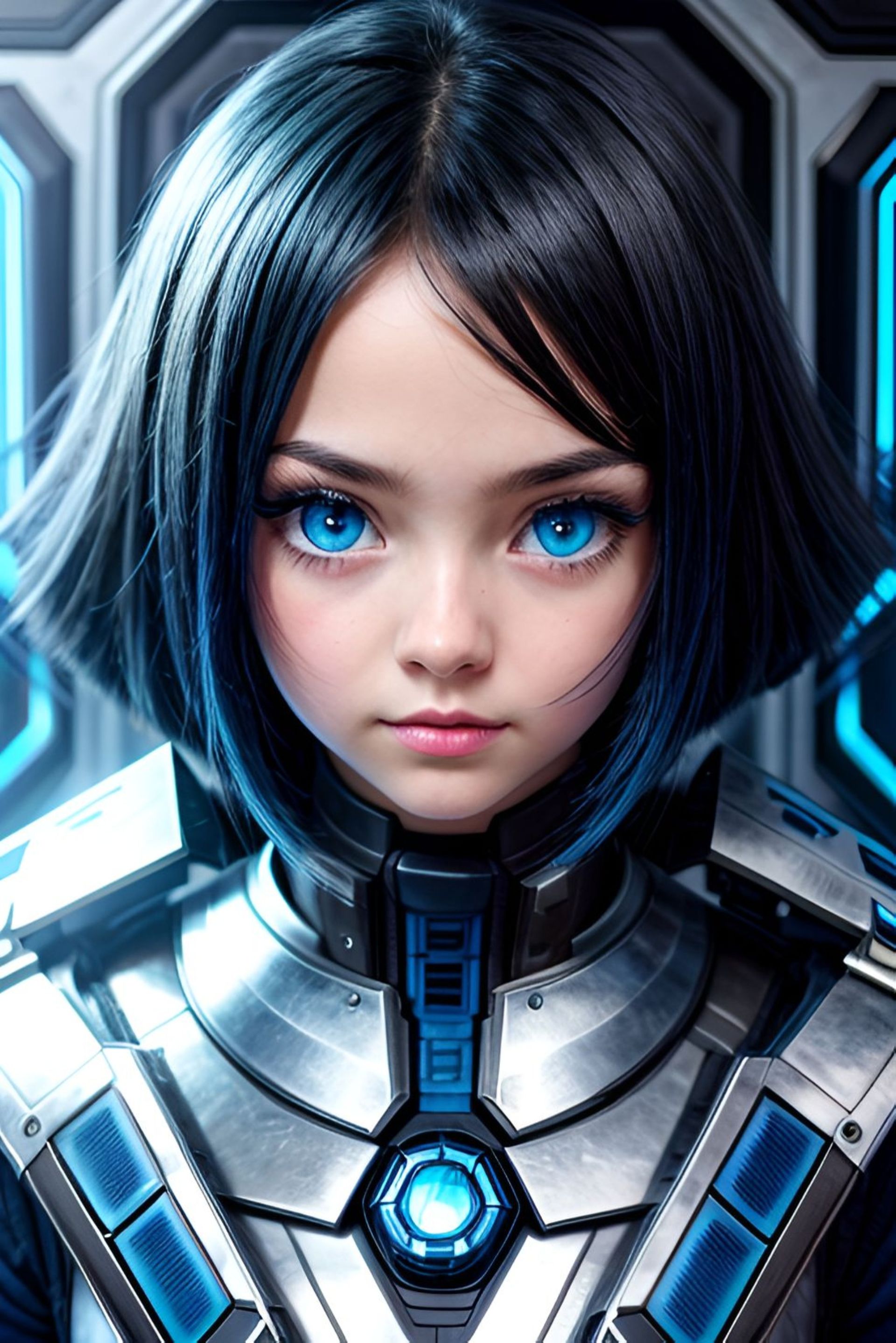 A girl, cyborg, with short hair, wearing armor.