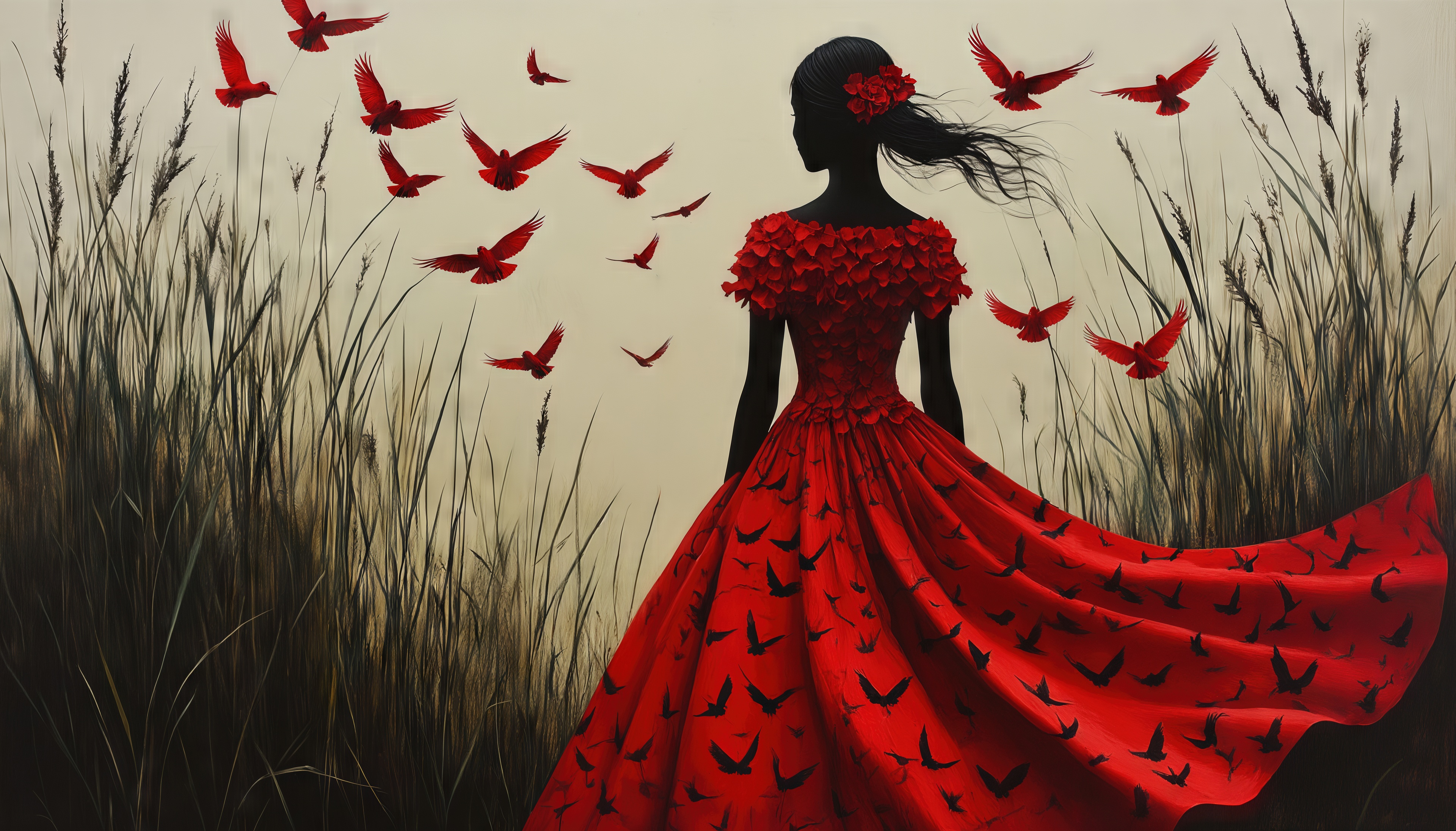 Бесплатное фото Девушка в роскошном красном платье стоит в поле, птицы словно сотканы из её наряда.