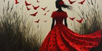 Девушка в роскошном красном платье стоит в поле, птицы словно сотканы из её наряда.