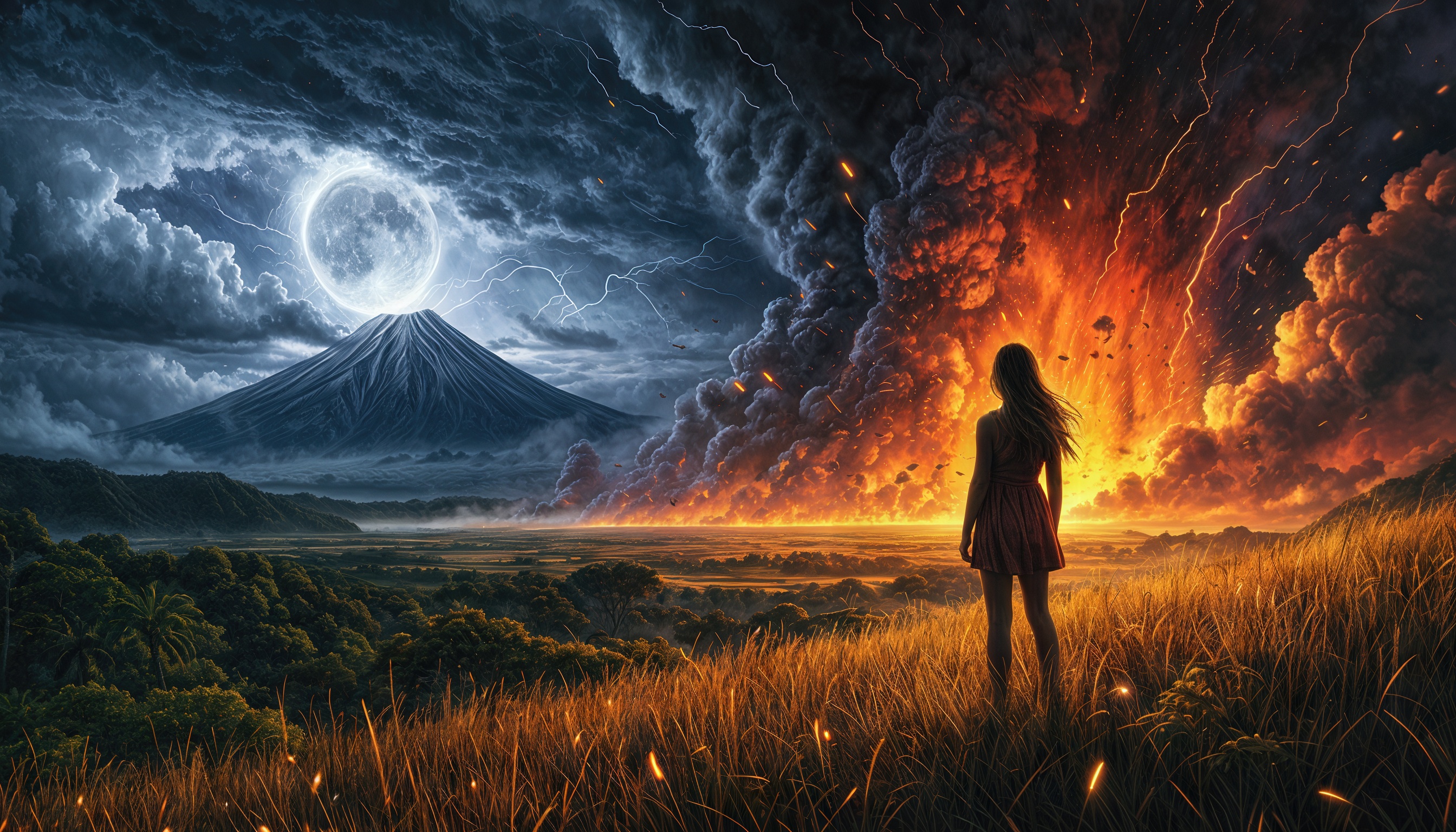 Free photo A girl standing on a hill at night observes a riot of fire against a backdrop of a rainforest, a volcano and the moon.