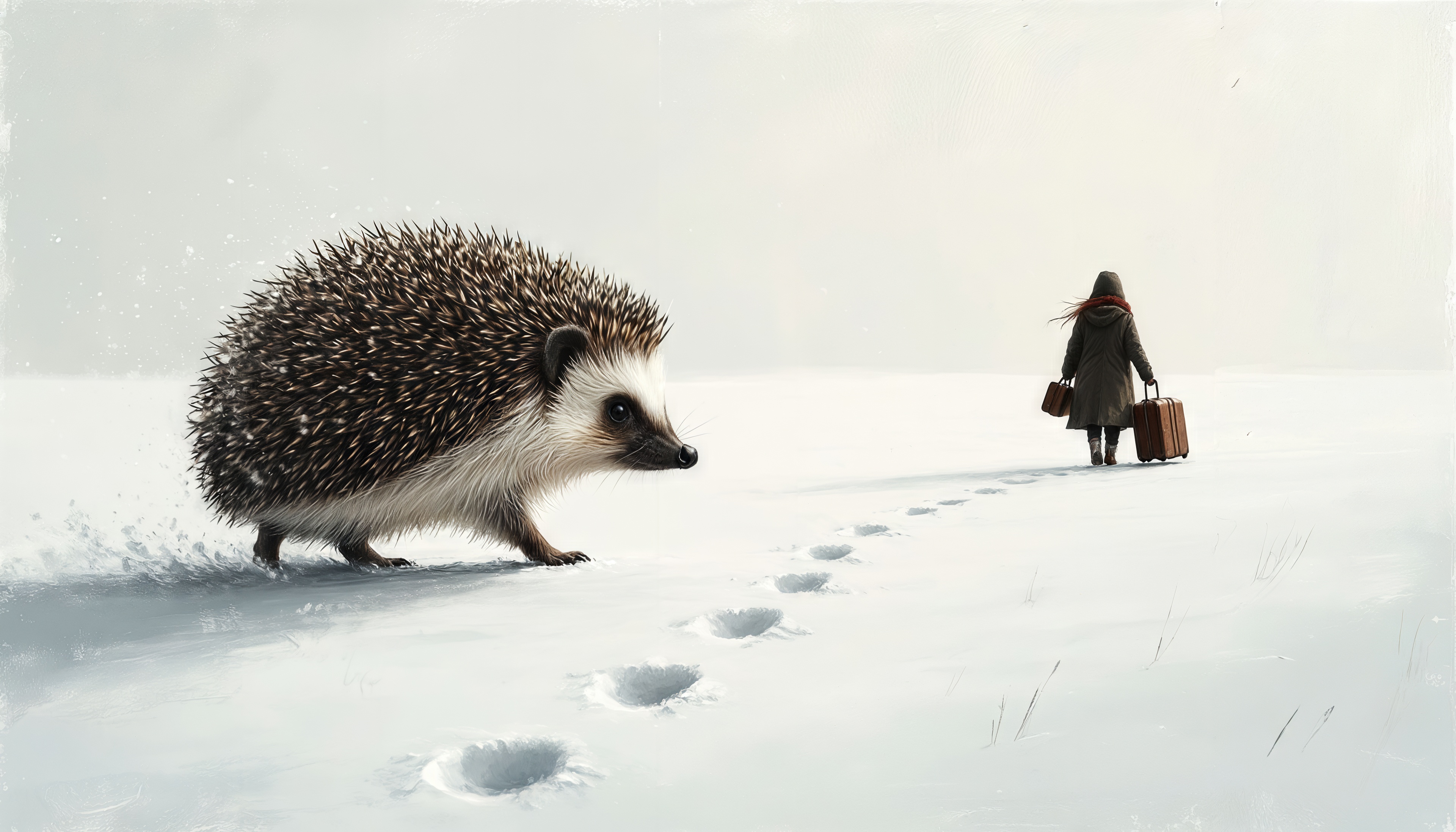Ёжик смотрит вслед уходящему человеку с чемоданами в снежной тишине.