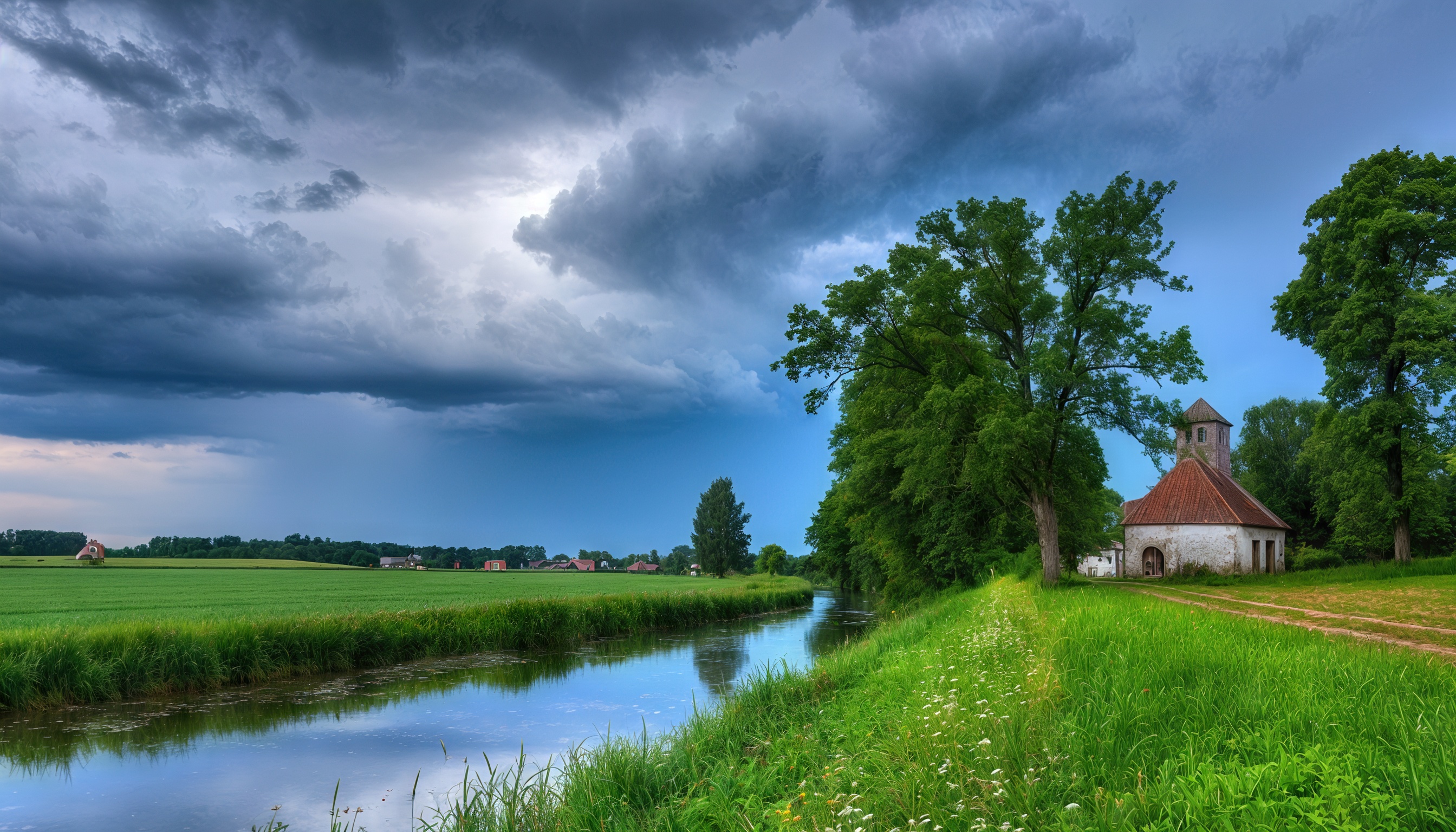 Бесплатное фото Спокойный сельский пейзаж под грозным небом с тёмными облаками.