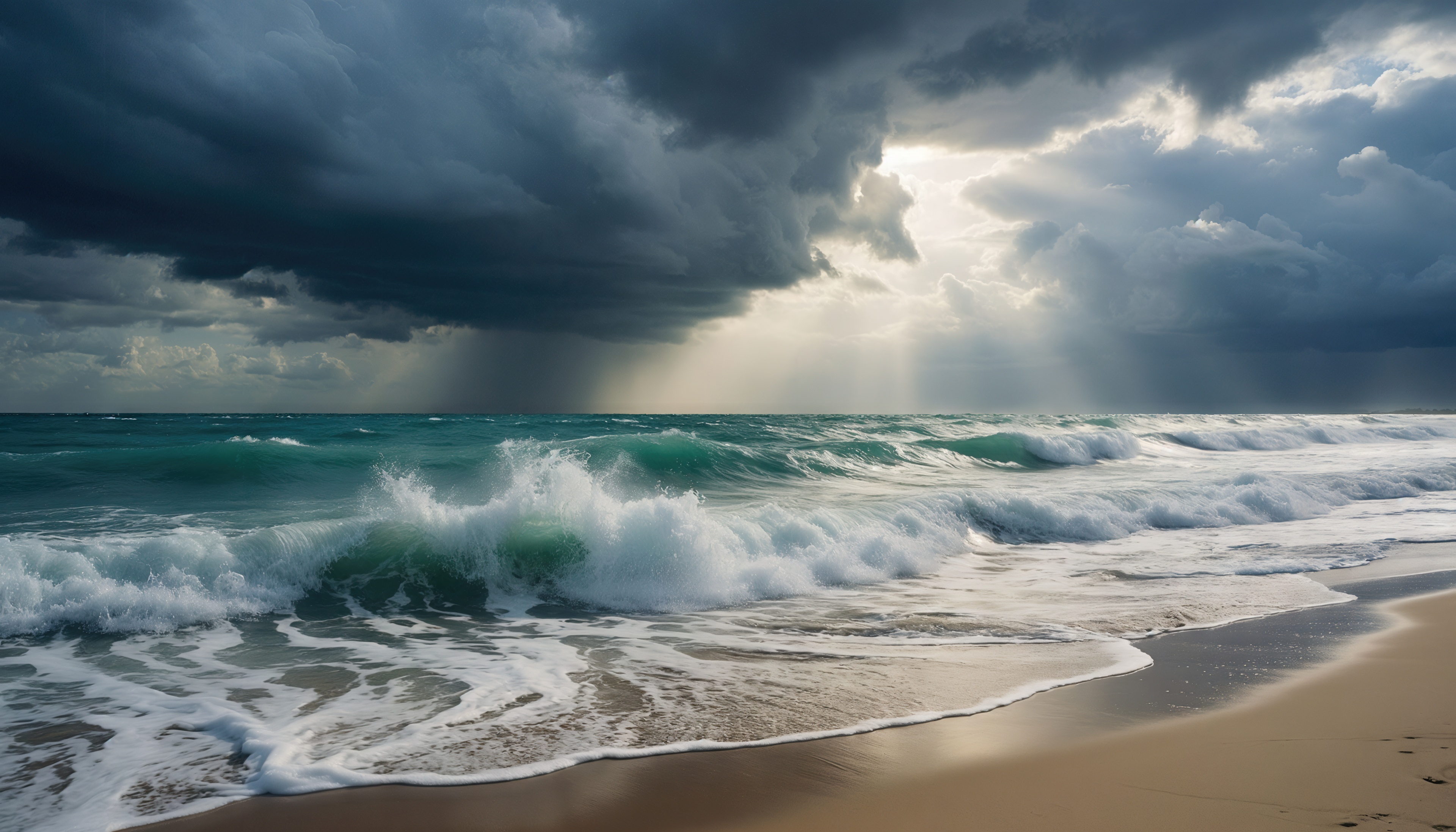 Бесплатное фото Штормовые волны накатывают на пустынный пляж под тяжёлыми облаками.