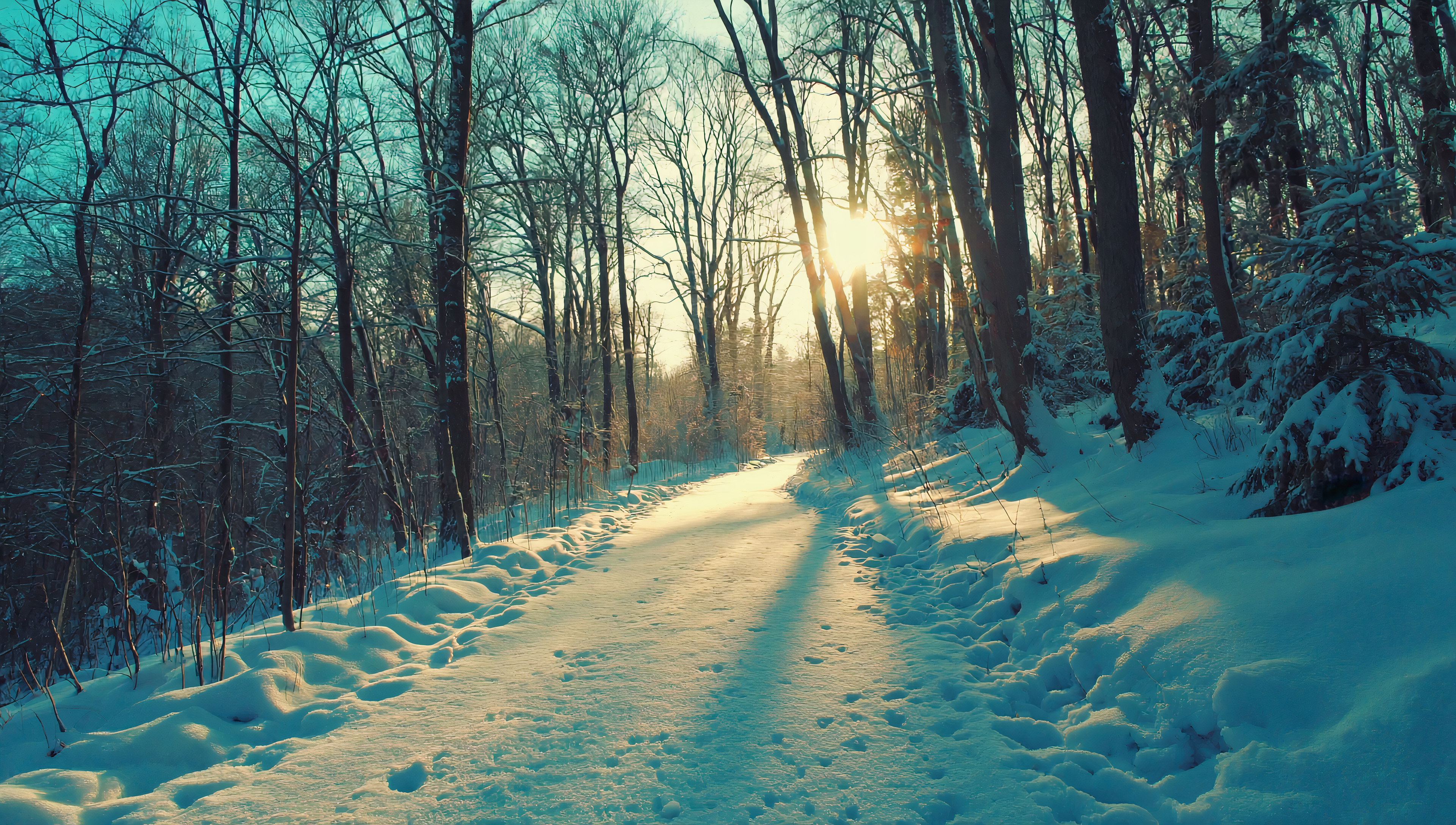 免费照片桌面壁纸，在冬季雪景，日出太阳的光芒
