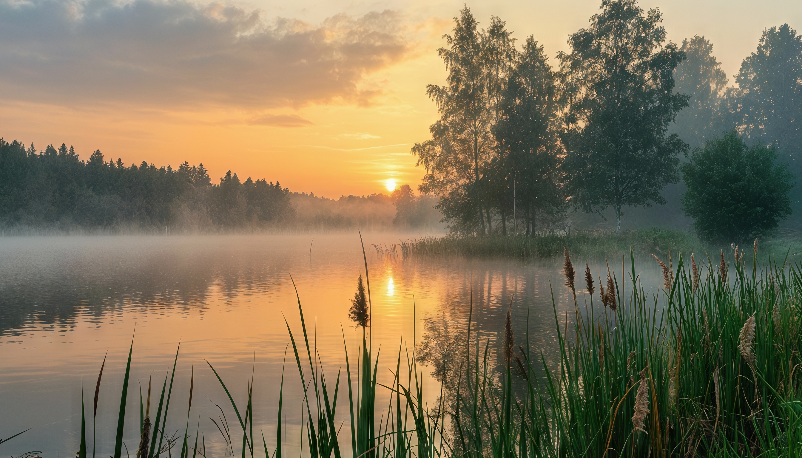 Бесплатное фото Рассвет над озером в тумане, камыши на переднем плане.