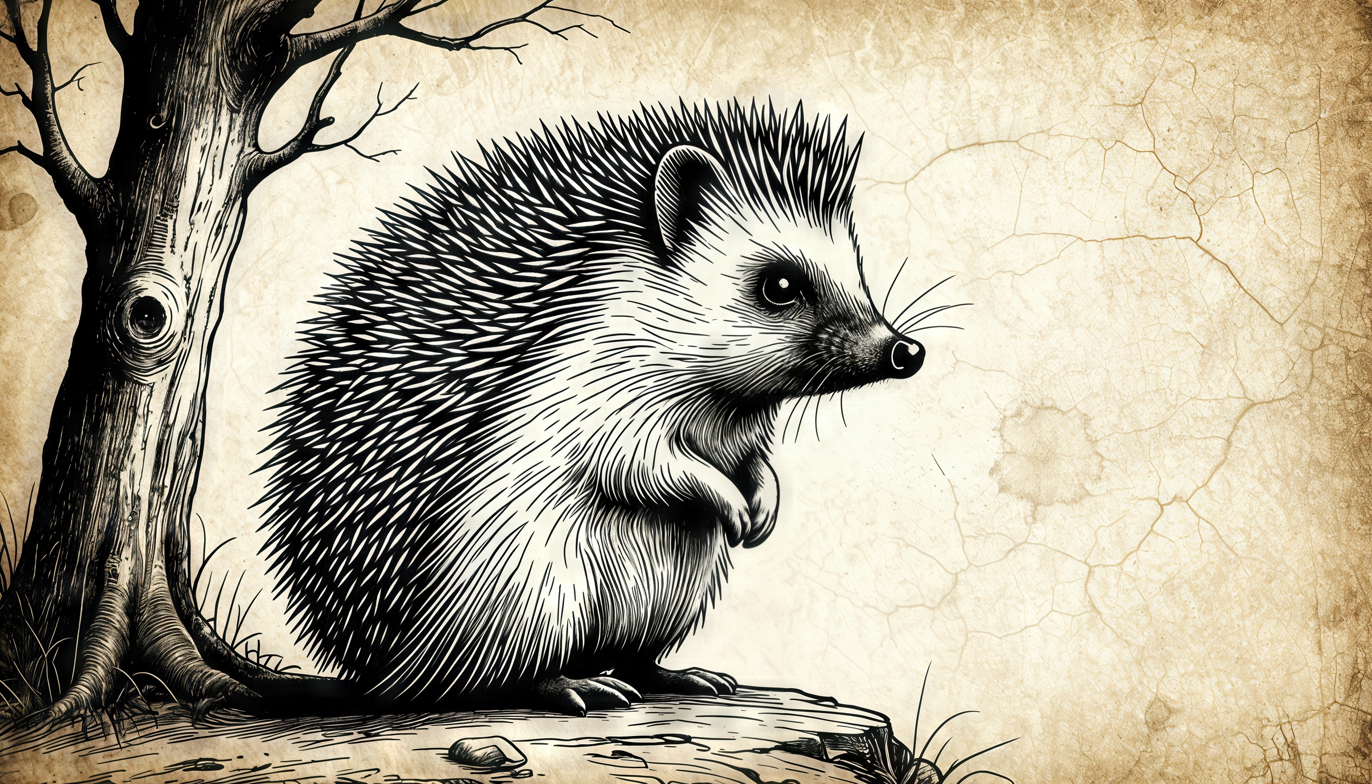 Ёжик в чёрно-белых тонах сидит у сухого дерева.