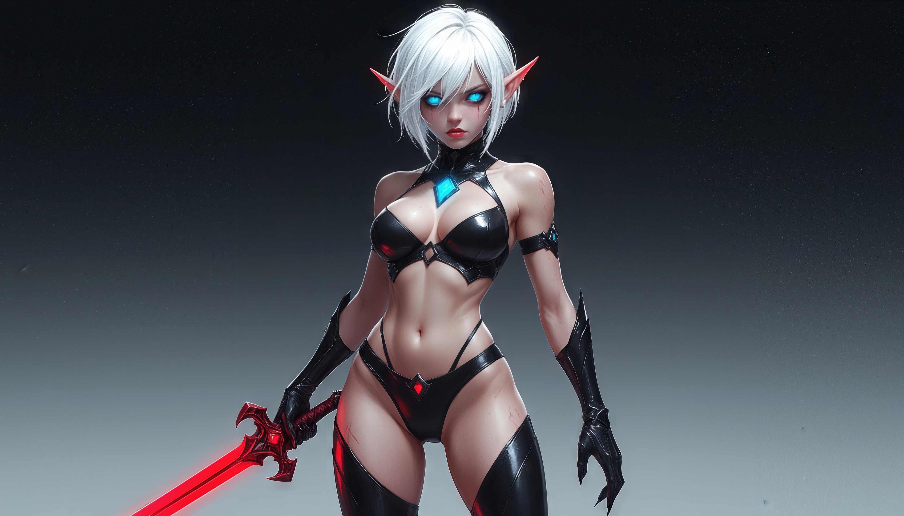 Бесплатное фото Эльфийка с белыми волосами и светящимися глазами держит красный меч.