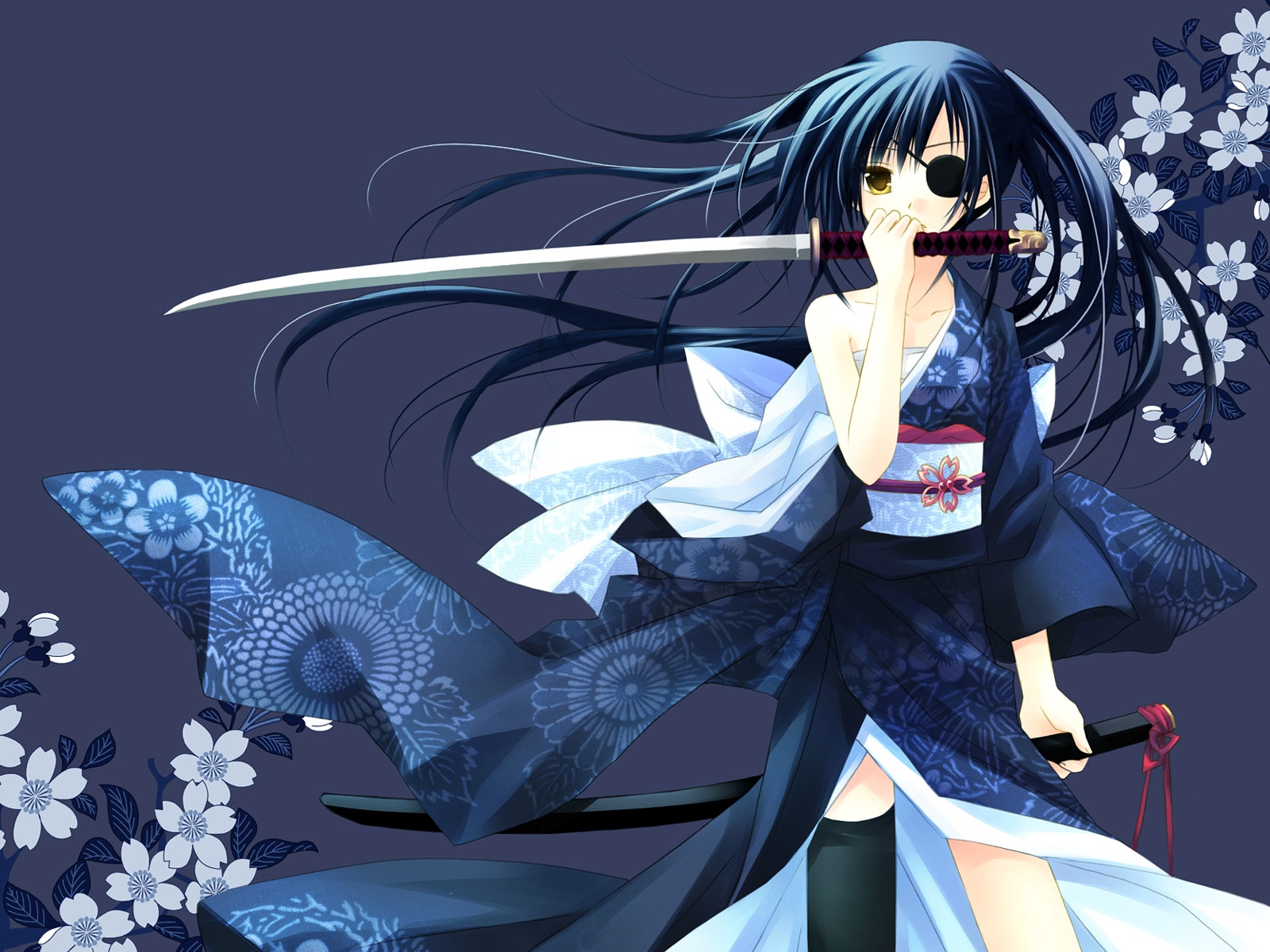 Free photo Anime girl in blue kimano with katana.