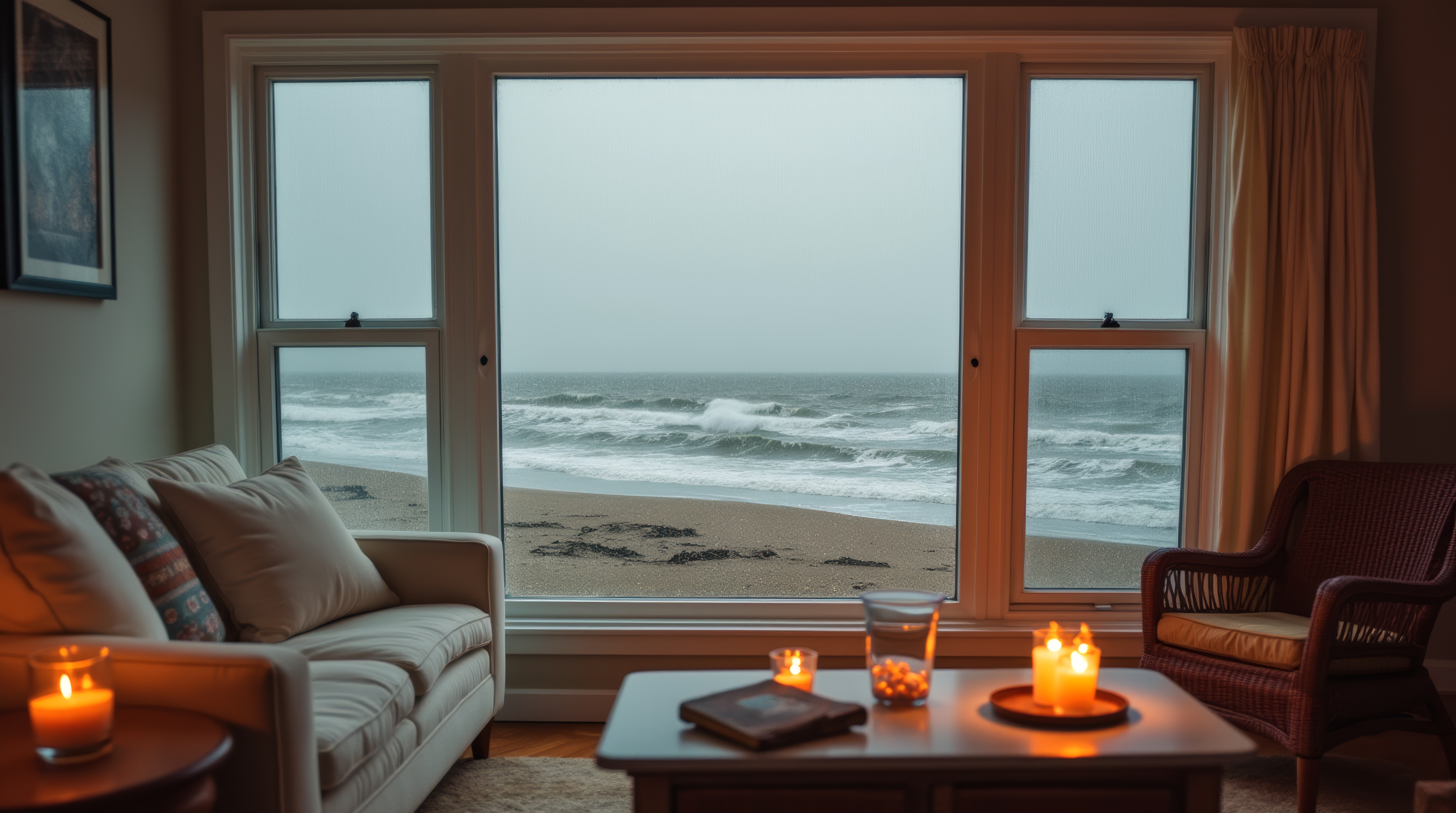 免费照片靠近沙发和大窗户的桌子上摆放着蜡烛