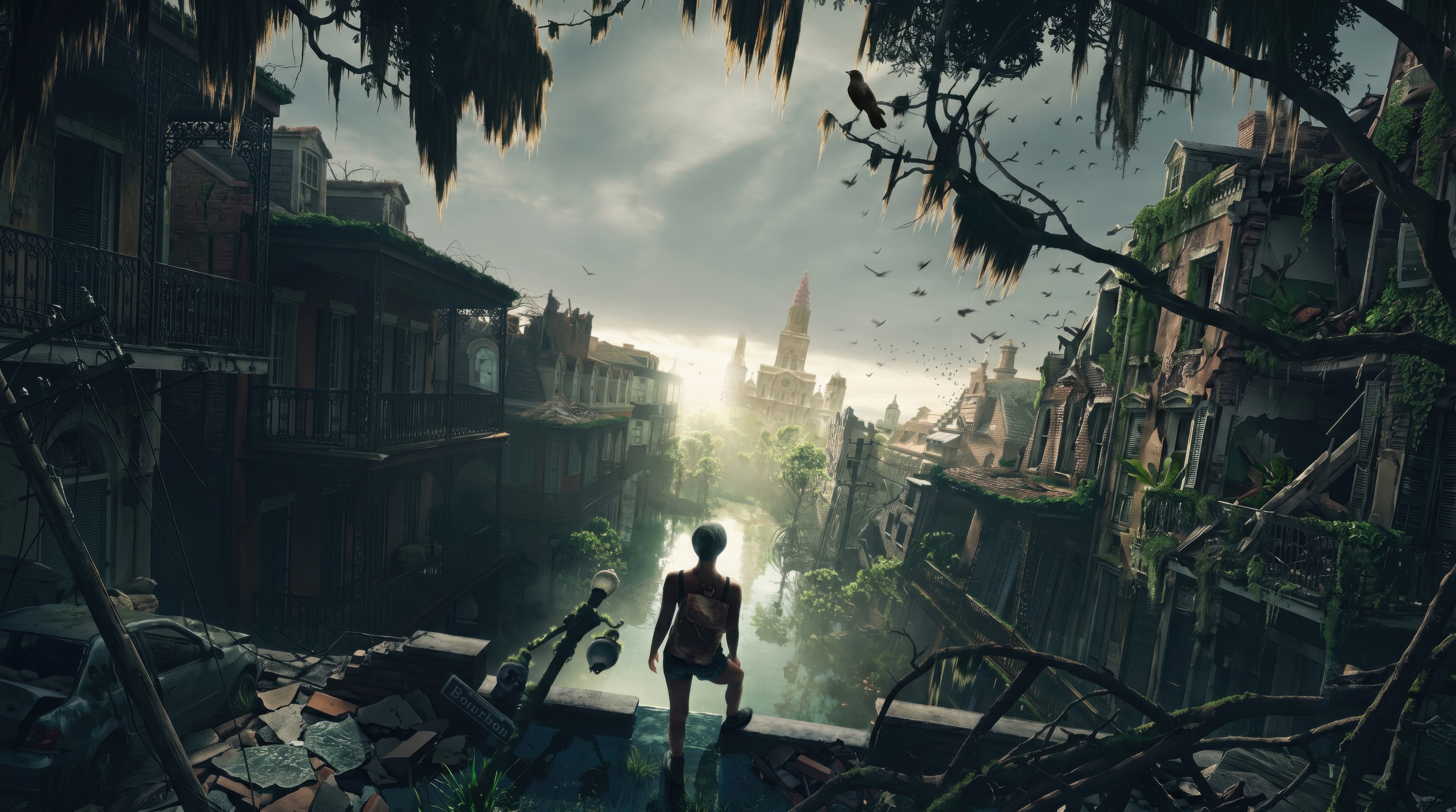 Free photo A lone survivor girl with a backpack inspects the flooded streets of an abandoned metropolis with old houses.